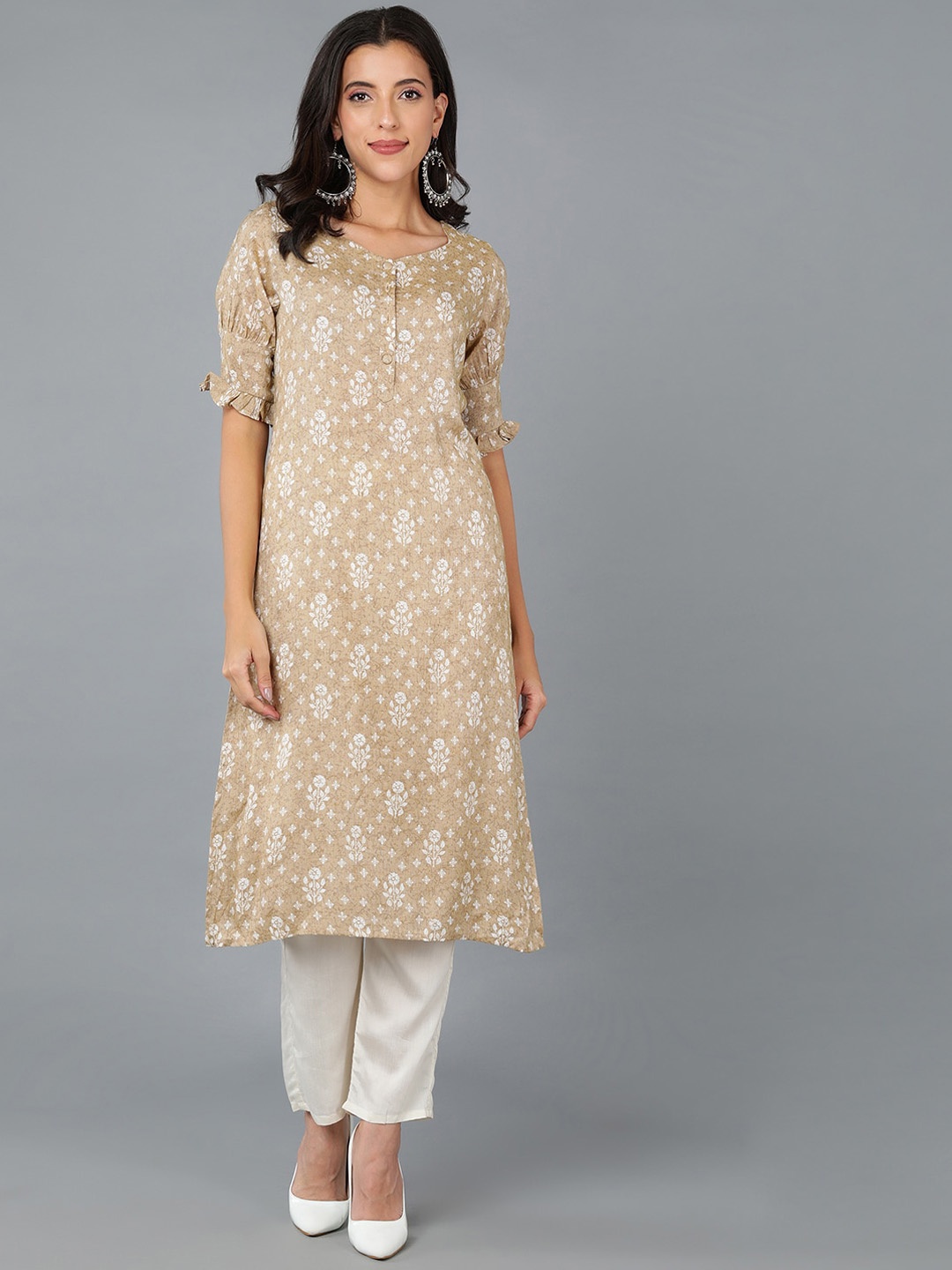 

AHIKA Women Floral Printed Floral Cotton Kurta, Beige