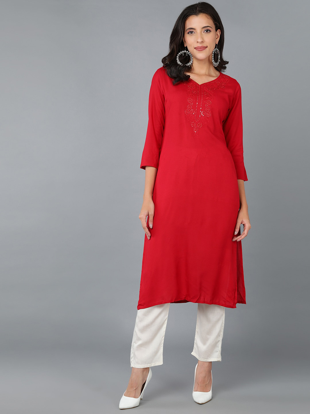 

AHIKA Women V-Neck Embroidered Yoke Design Kurta, Red