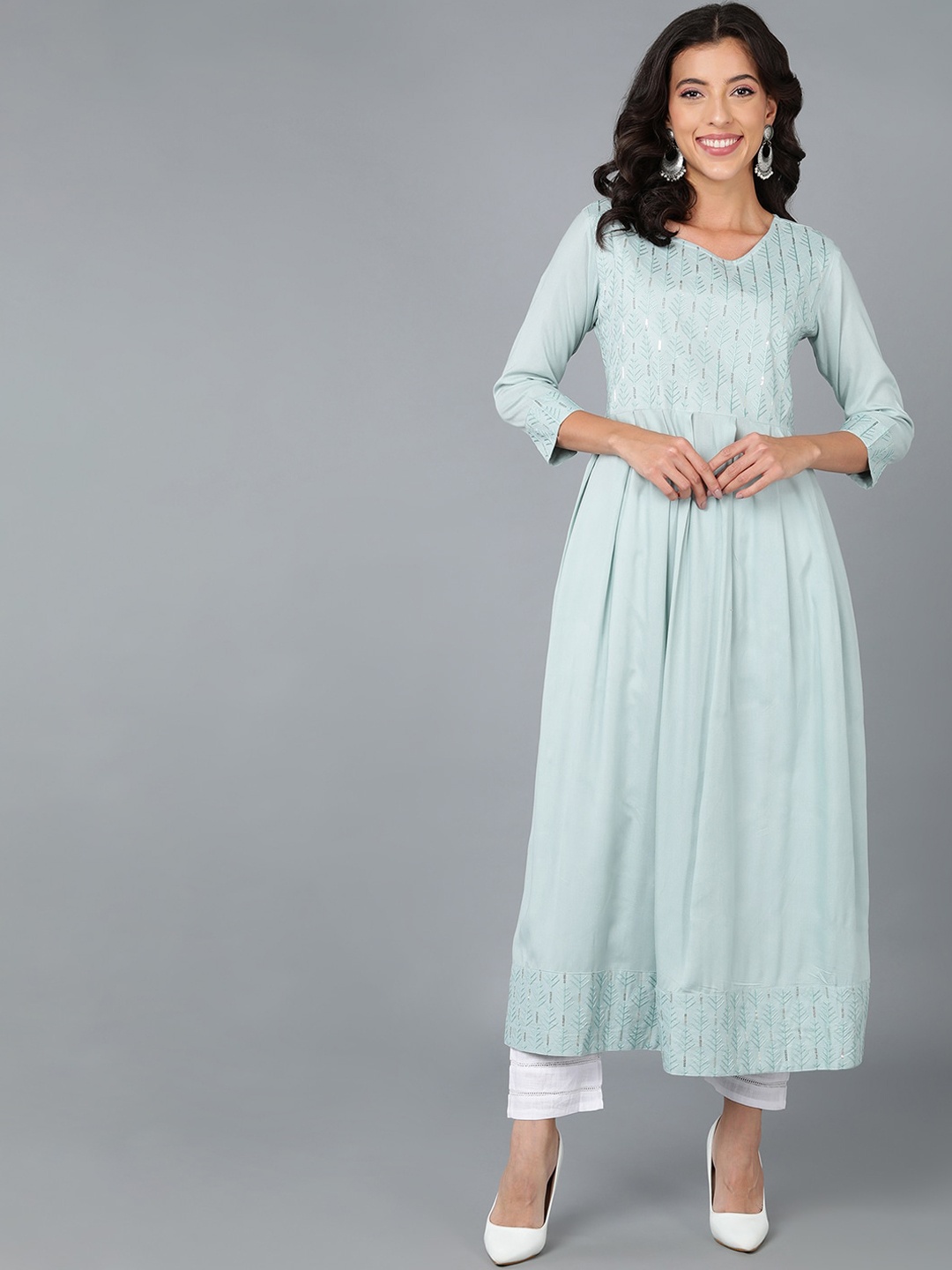 

AHIKA Women Yoke Design Embroidered Sequinned A-Line Kurta, Blue