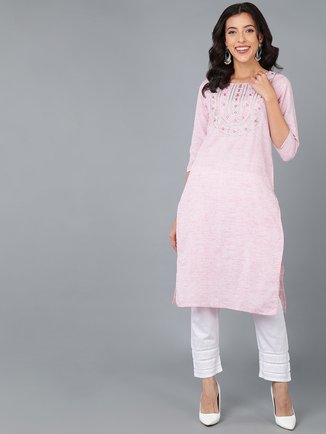 

AHIKA Women Floral Yoke Design Thread Work Cotton Kurta, Pink