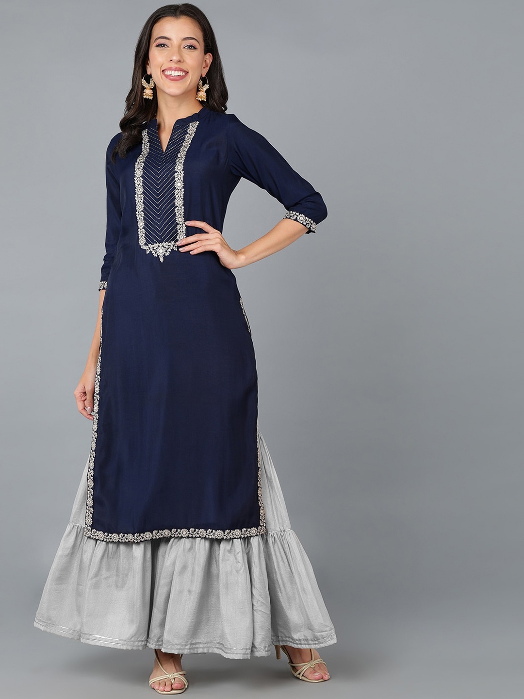 

AHIKA Women Floral Yoke Design Mirror Work Indigo Kurta, Navy blue