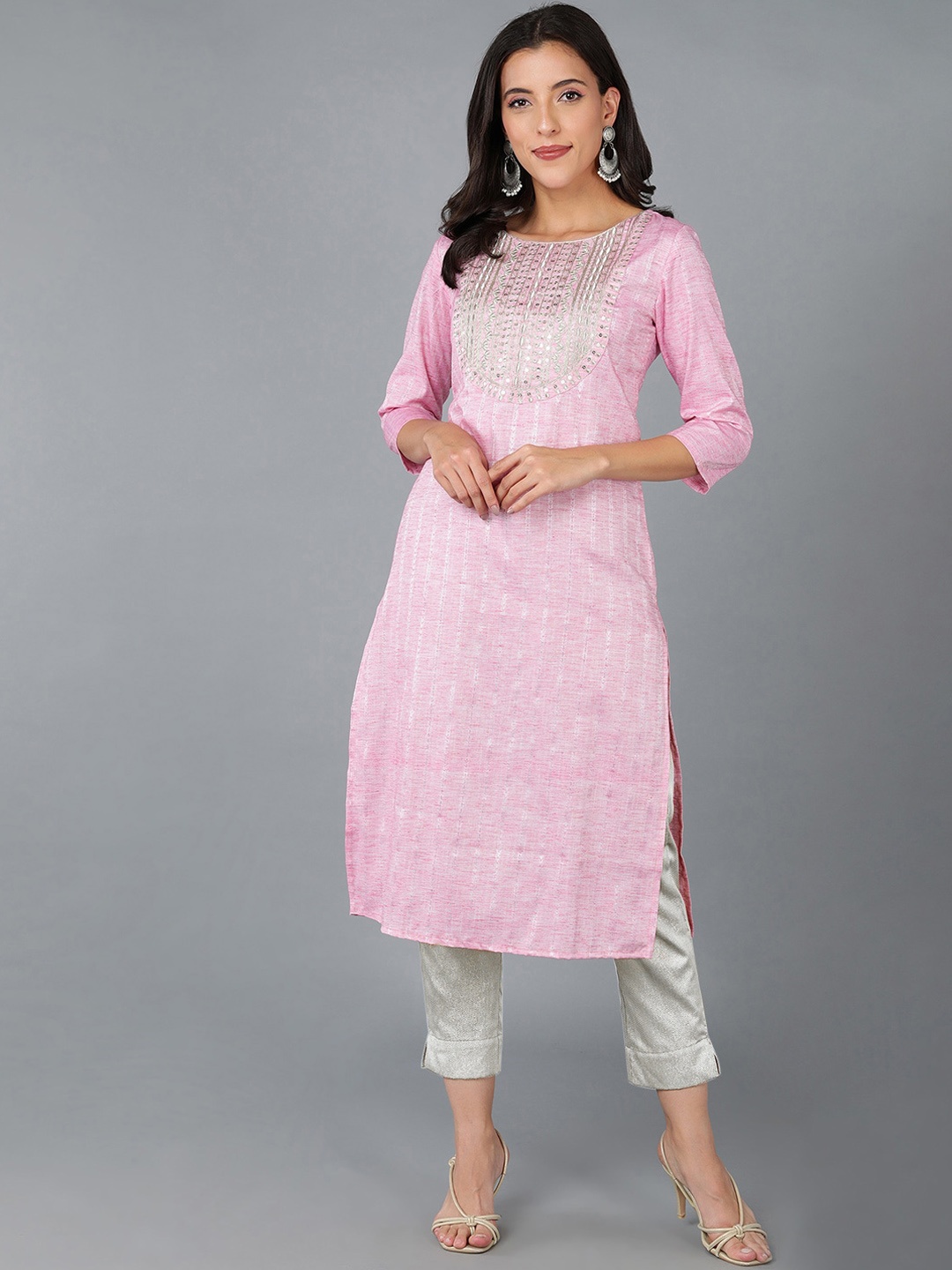 

AHIKA Women Yoke Design Round Neck Thread Work Kurta, Pink