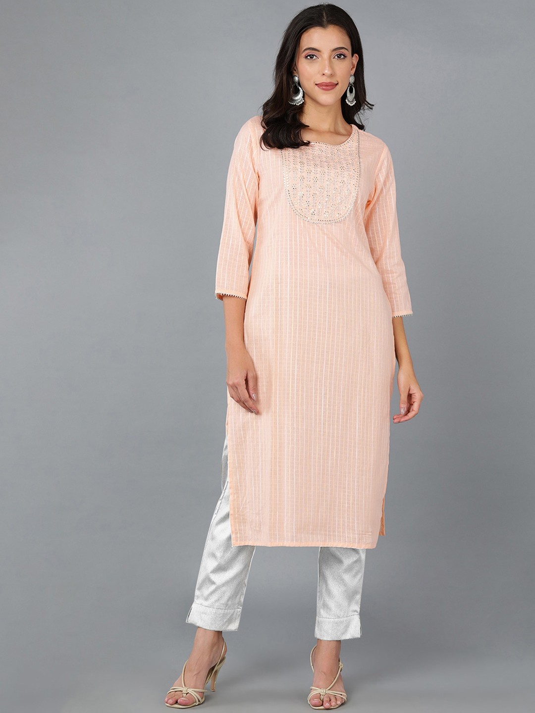 

AHIKA Women Cotton Yoke Design Thread Work Kurta, Peach