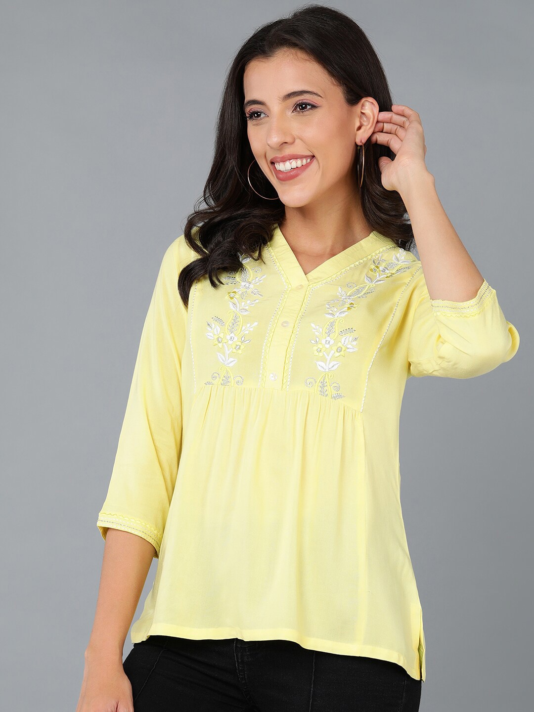 

AHIKA V-neck Embroidered Top, Yellow