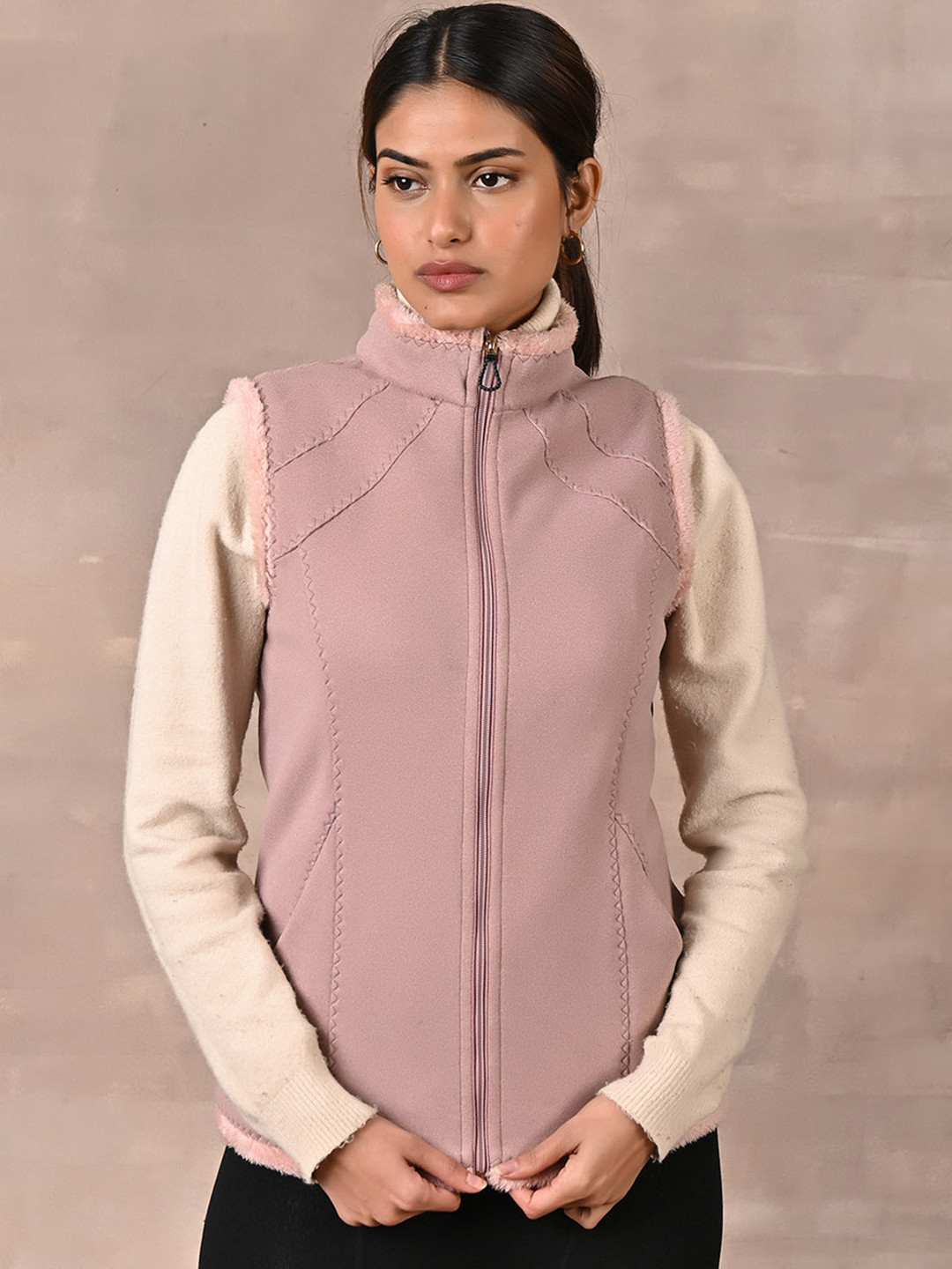 

Lakshita Women Mock Collar Sleeveless Tailored Jacket, Peach
