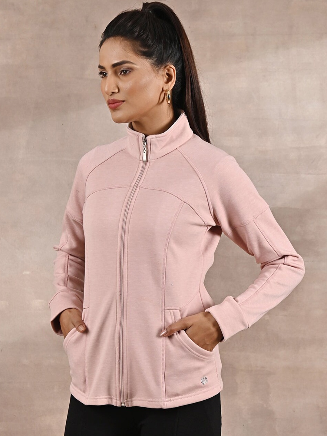 

Lakshita Fleece Mock Collar Front-Open Sweatshirt, Pink
