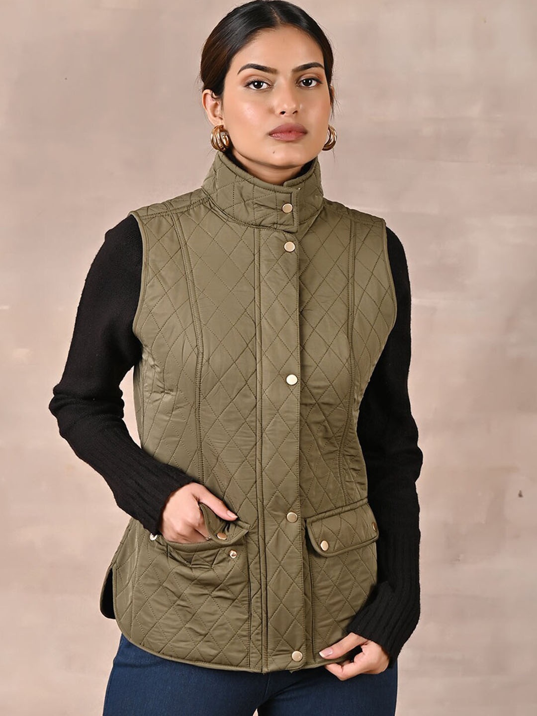 

Lakshita Women Plus Size Sleeveless Quilted Jacket, Olive