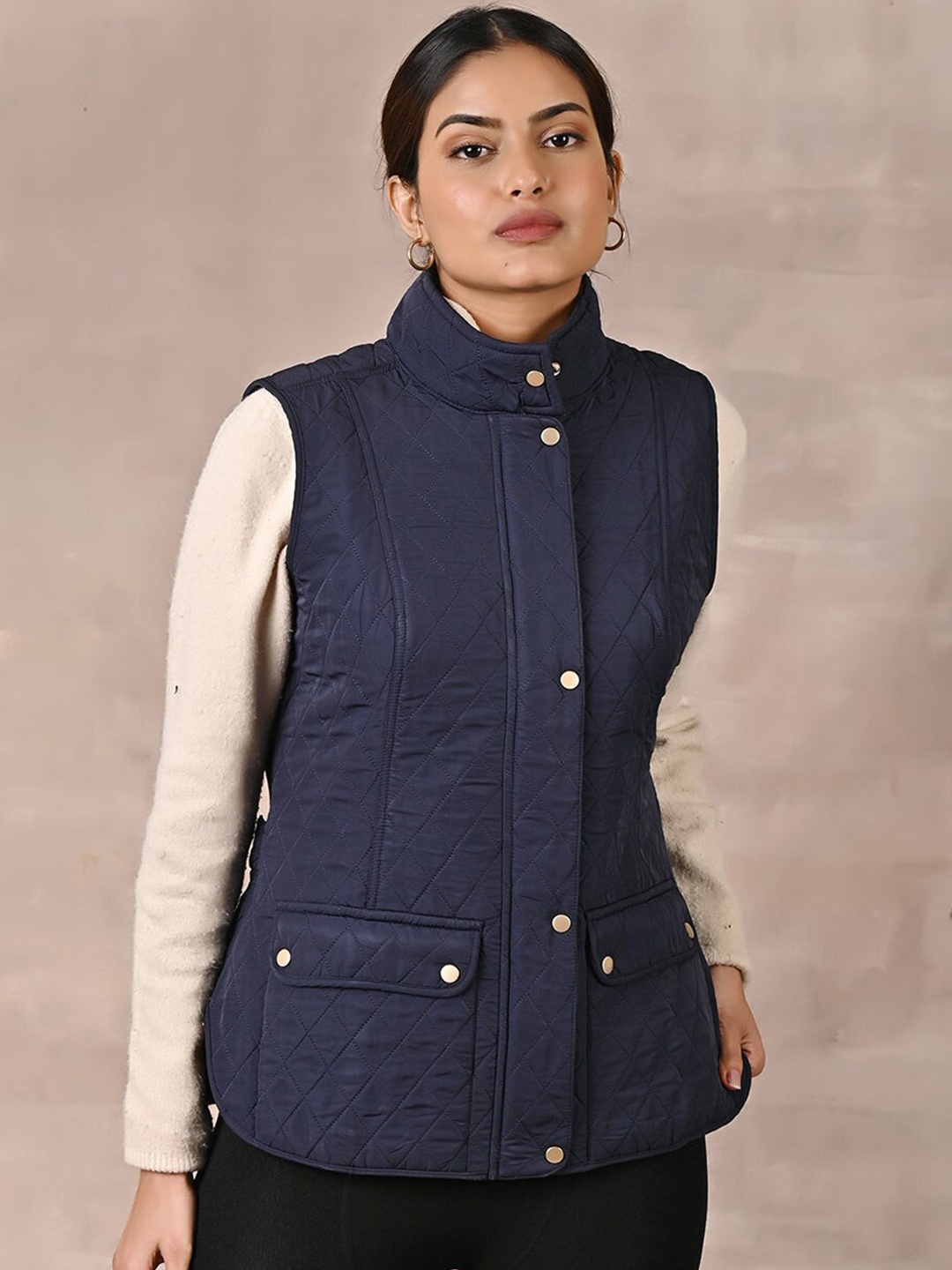 

Lakshita Women Sleeveless Quilted Jacket, Navy blue