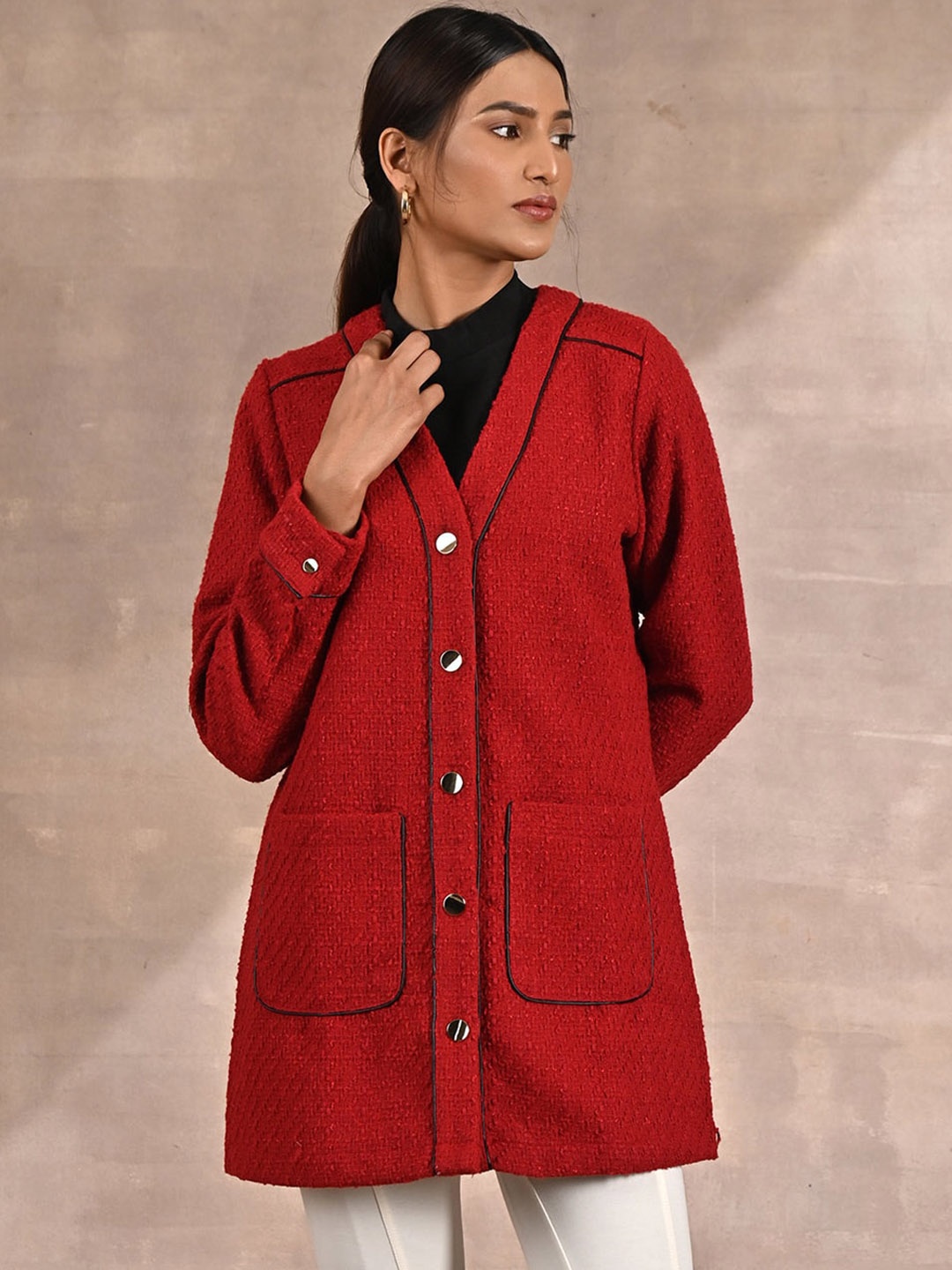 

Lakshita Women Longline Cotton Tailored Jacket, Red