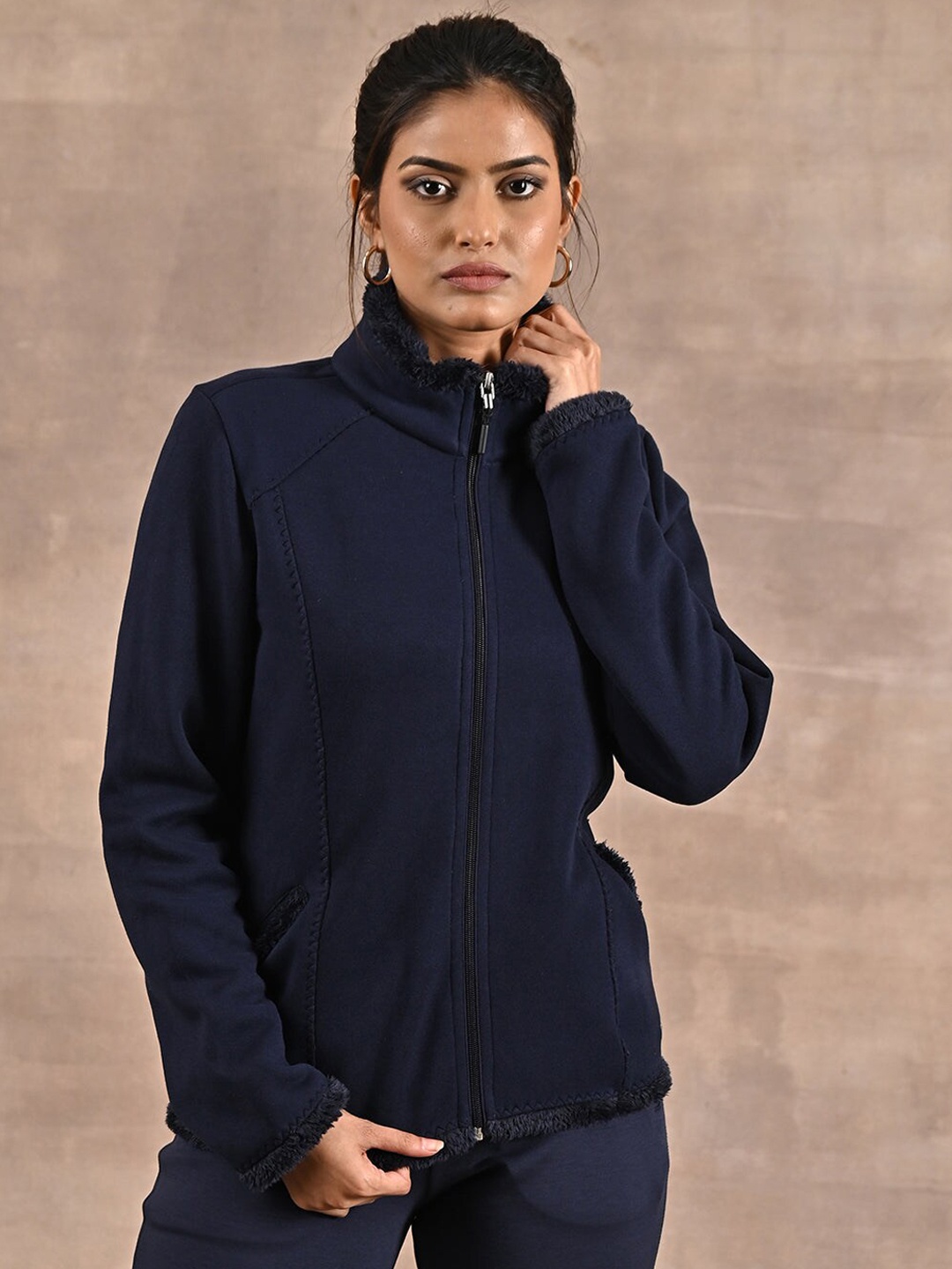 

Lakshita Women Mock Collar Long Sleeves Tailored Jacket, Navy blue