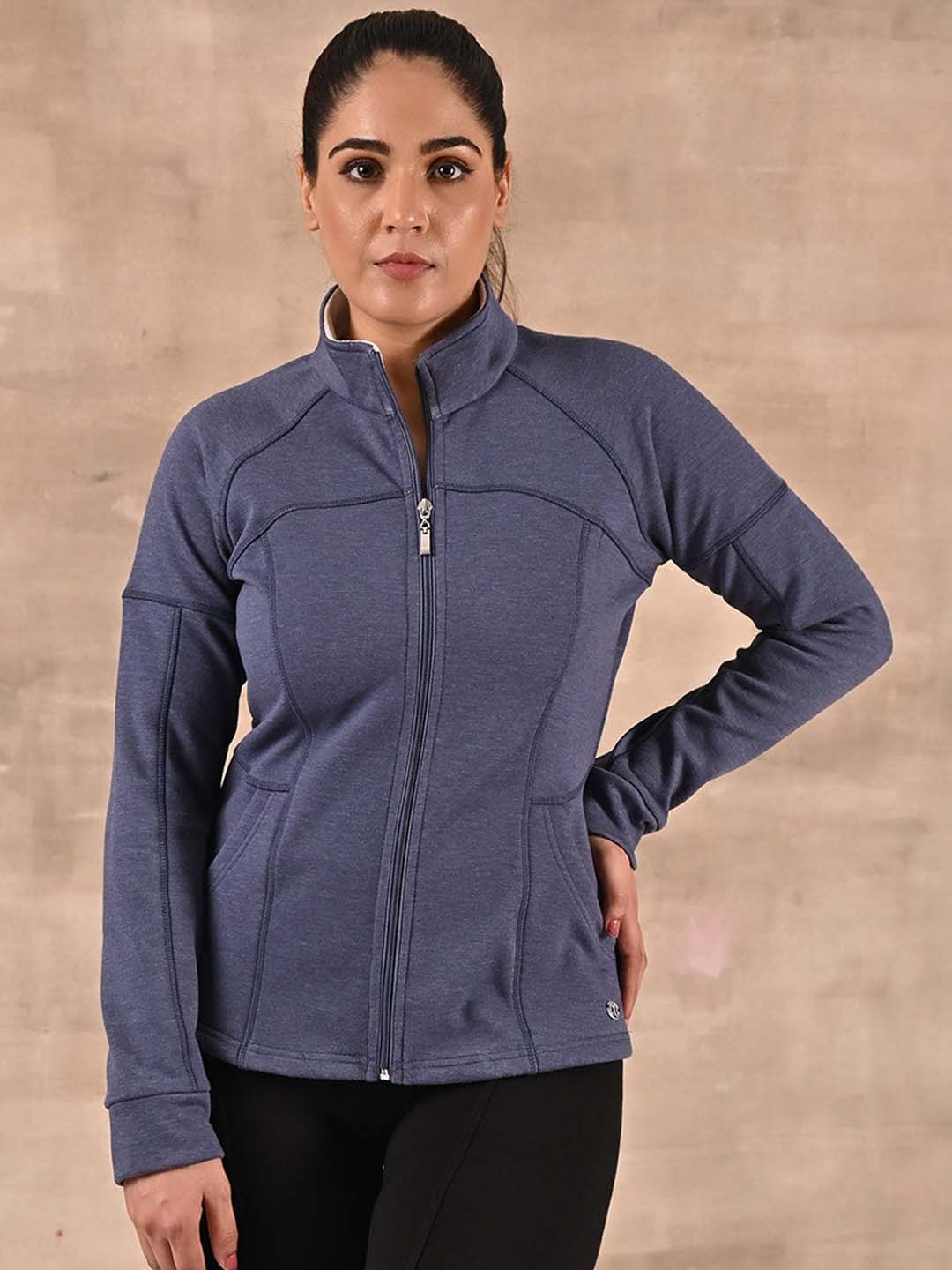 

Lakshita Fleece Mock Collar Front-Open Sweatshirt, Navy blue