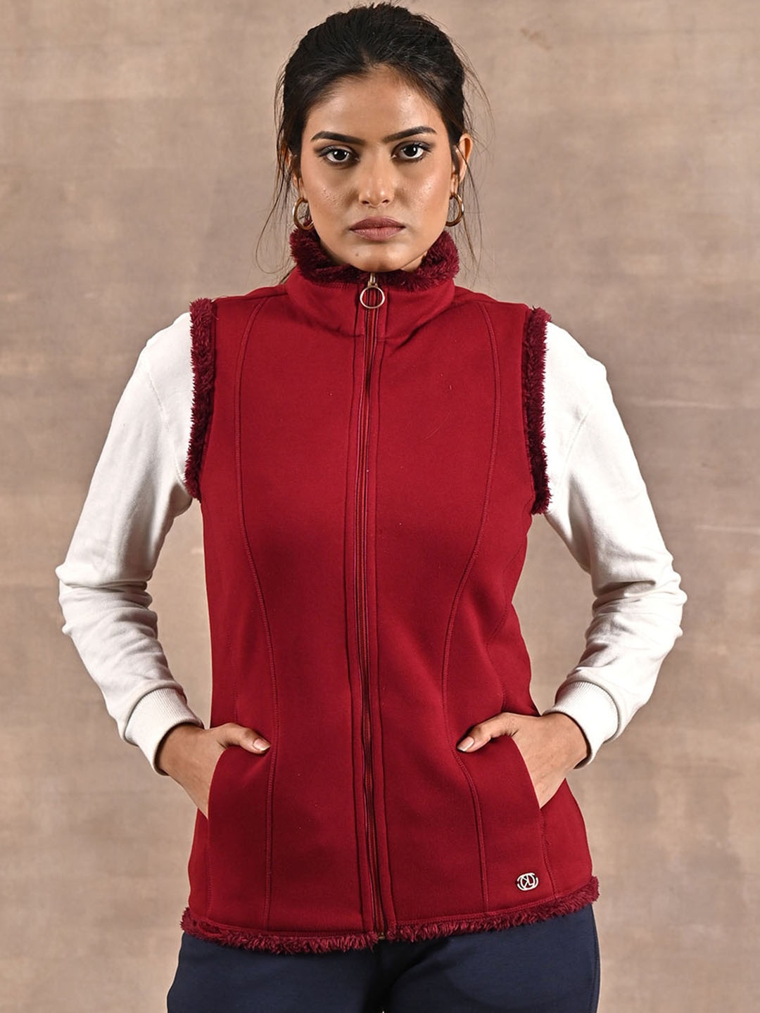 

Lakshita Women Mock Collar Sleeveless Tailored Jacket, Maroon