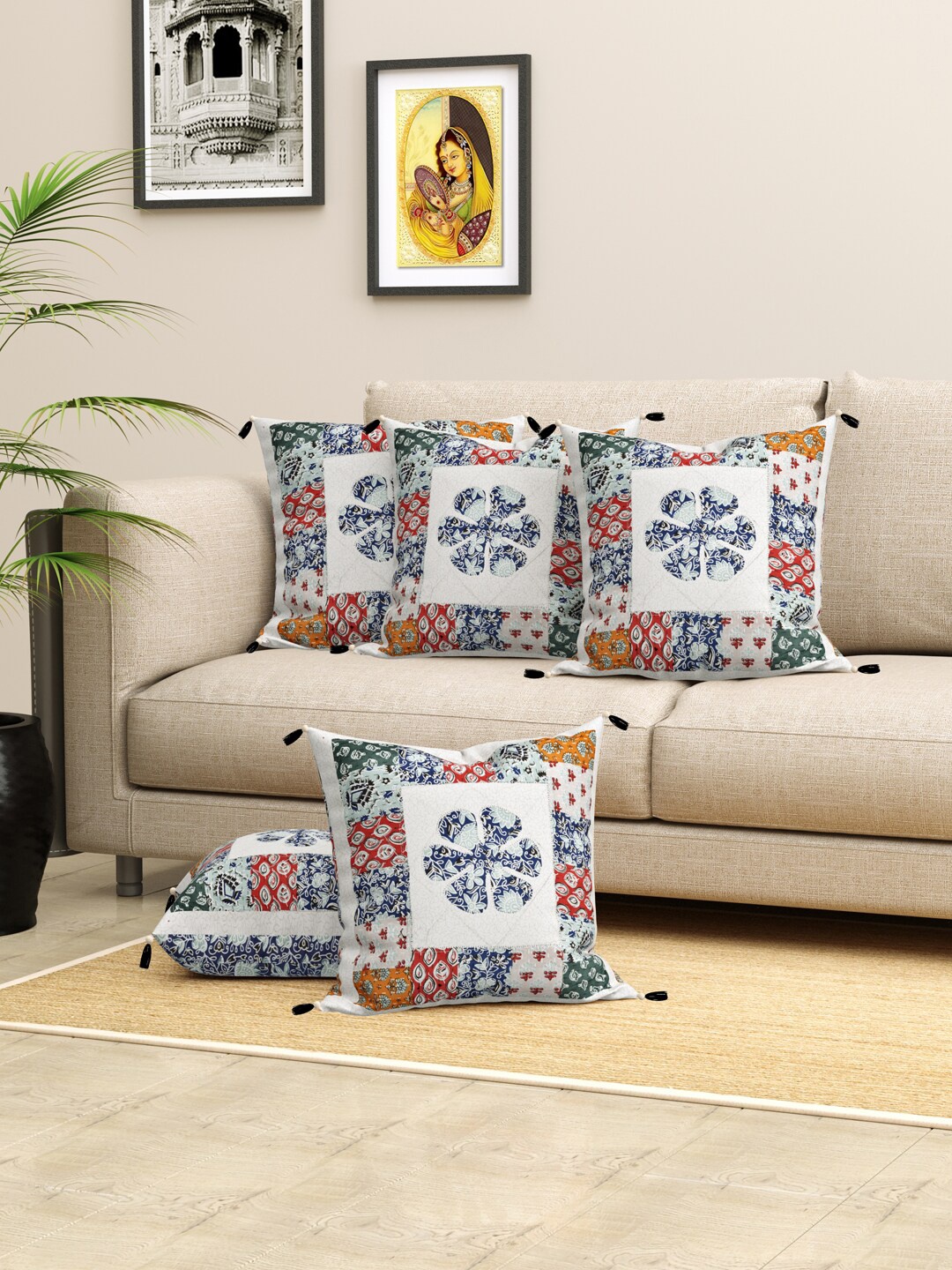 

LIVING ROOTS Jaipuri White & Blue 5 Pieces Ethnic Motifs Square Pure Cotton Cushion Covers