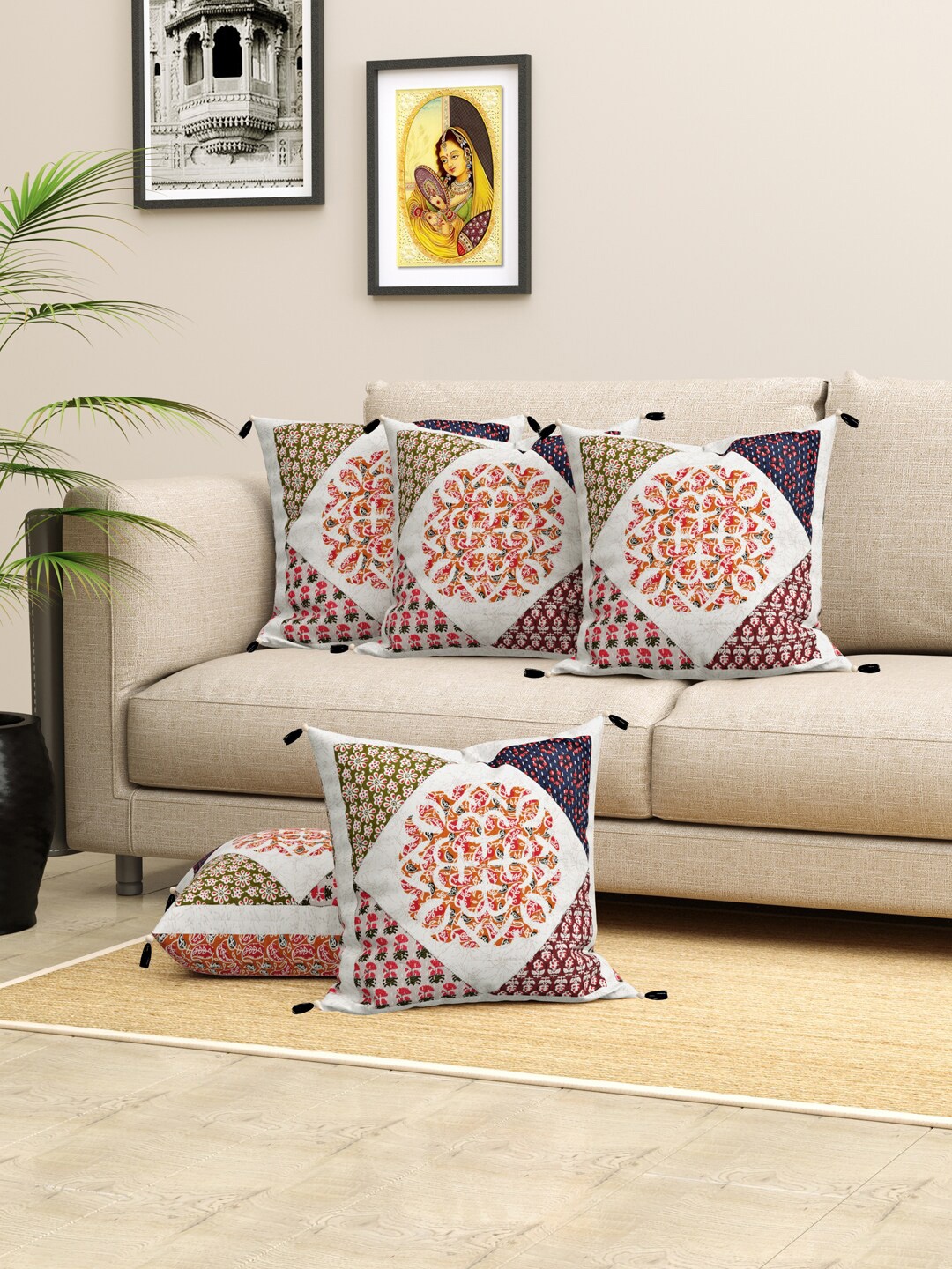 

LIVING ROOTS Jaipuri White & Red 5 Pieces Ethnic Motifs Square Pure Cotton Cushion Covers