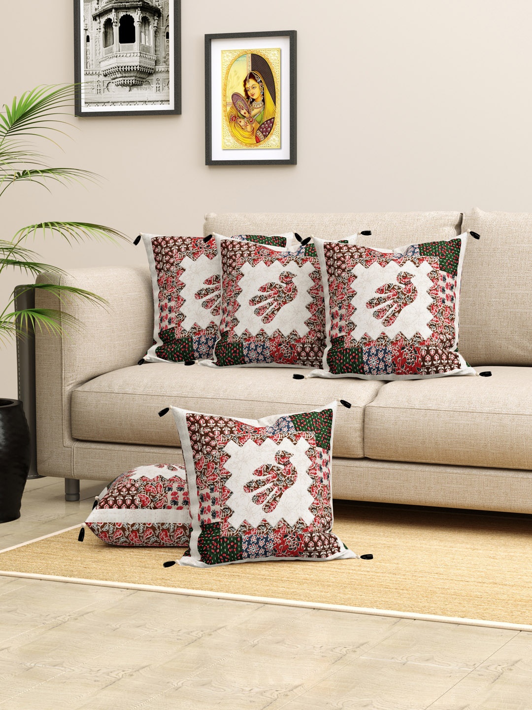 

LIVING ROOTS Red & Brown 5 Pcs Ethnic Motifs Printed Cotton Cushion Covers