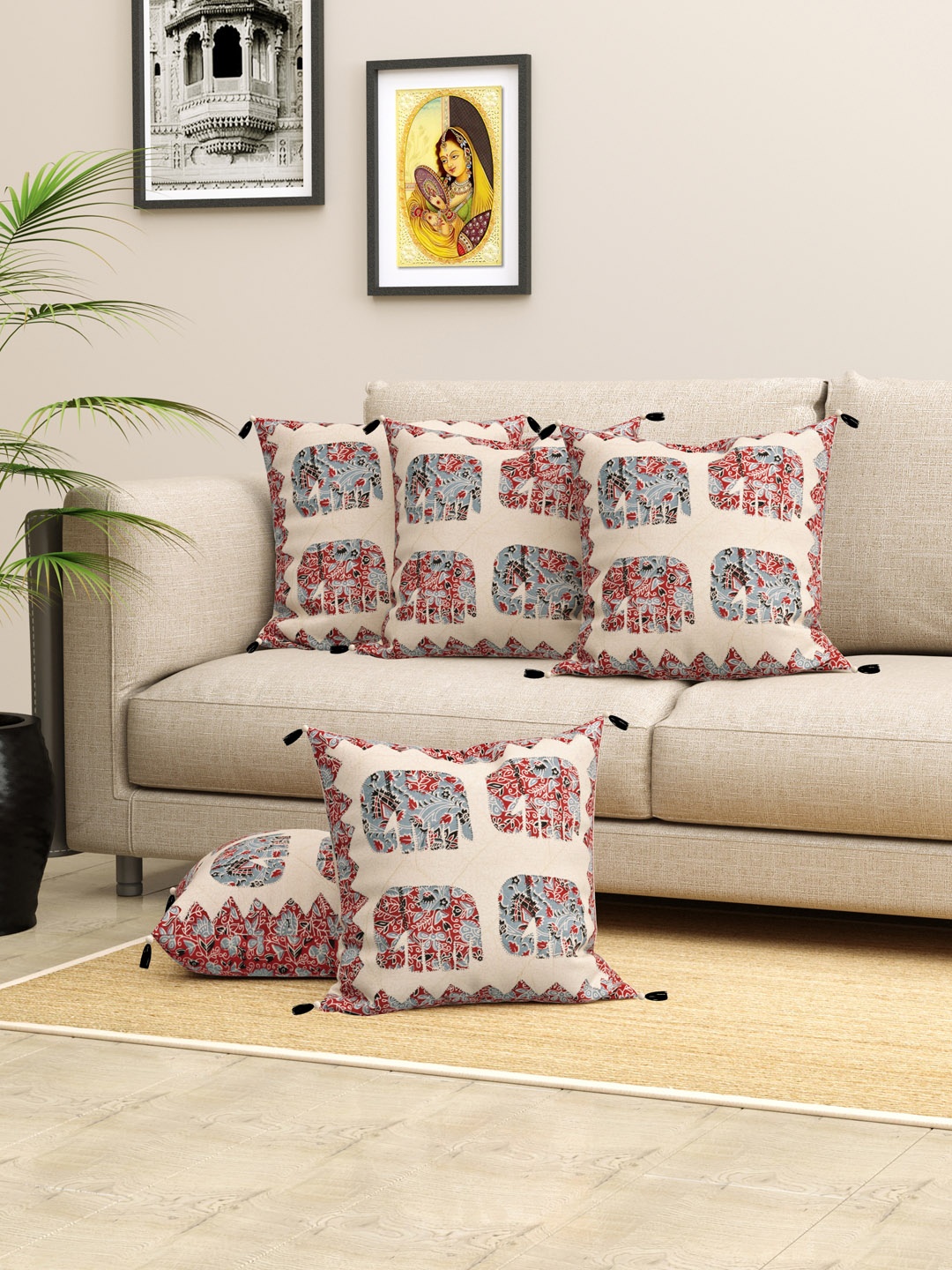 

LIVING ROOTS Cream & Blue 5 Pcs Ethnic Motifs Printed & Patchwork Cotton Cushion Covers