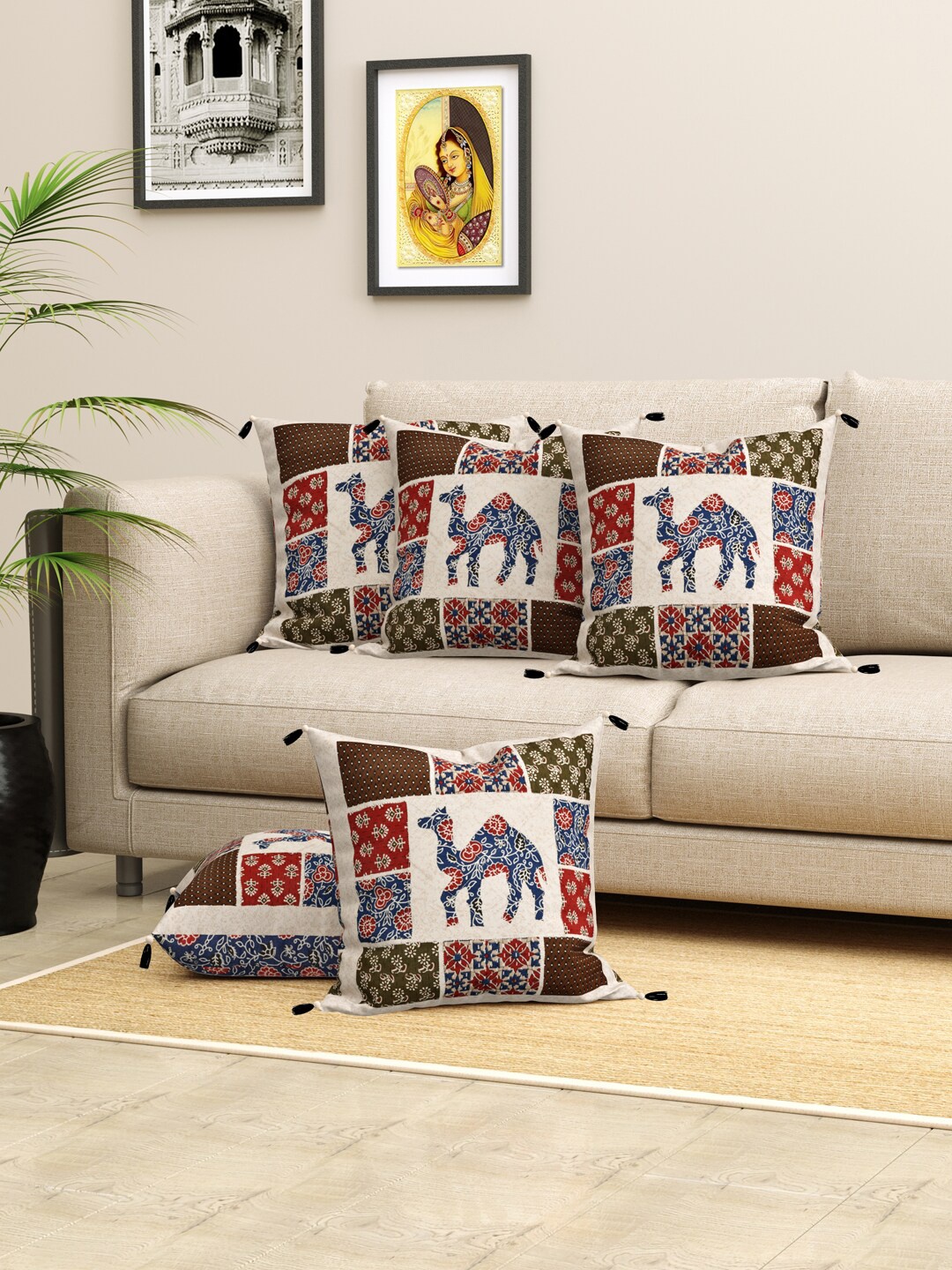 

LIVING ROOTS Beige 6Pcs Block Printed Premium Textured Canvas Pure Cotton Cushion Covers