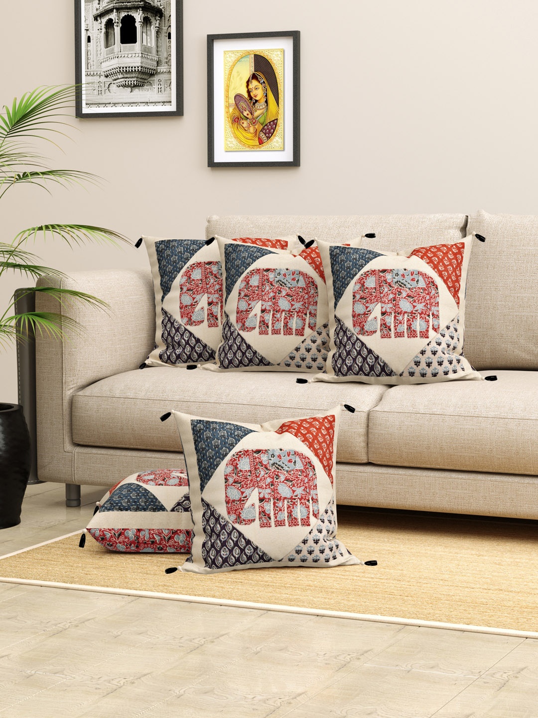 

LIVING ROOTS Cream & Blue 5 Pcs Ethnic Motifs Printed & Patchwork Cotton Cushion Covers