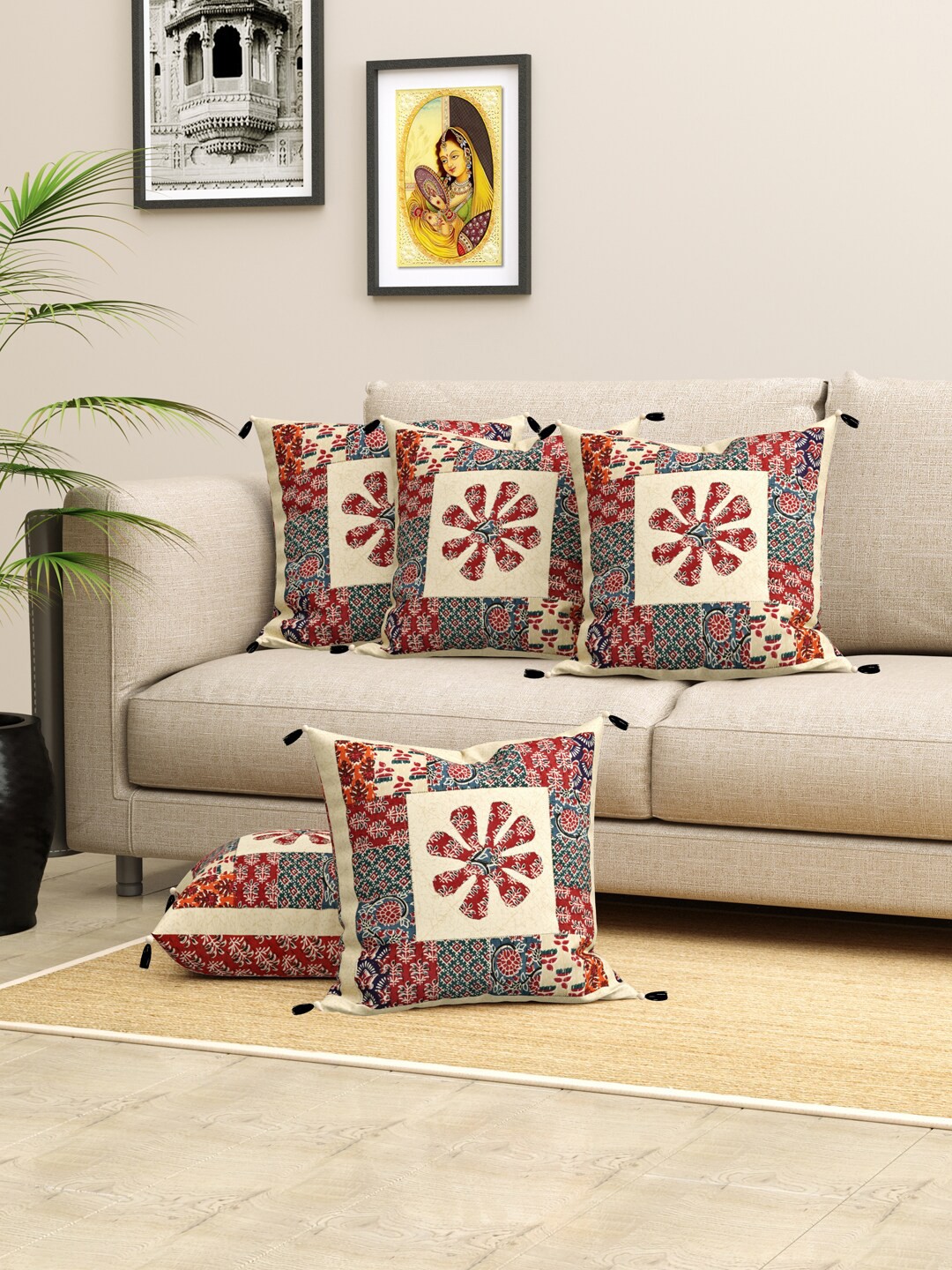 

LIVING ROOTS 6 Pieces Beige & Maroon Pure Cotton Ethnic Motifs Square Cushion Covers