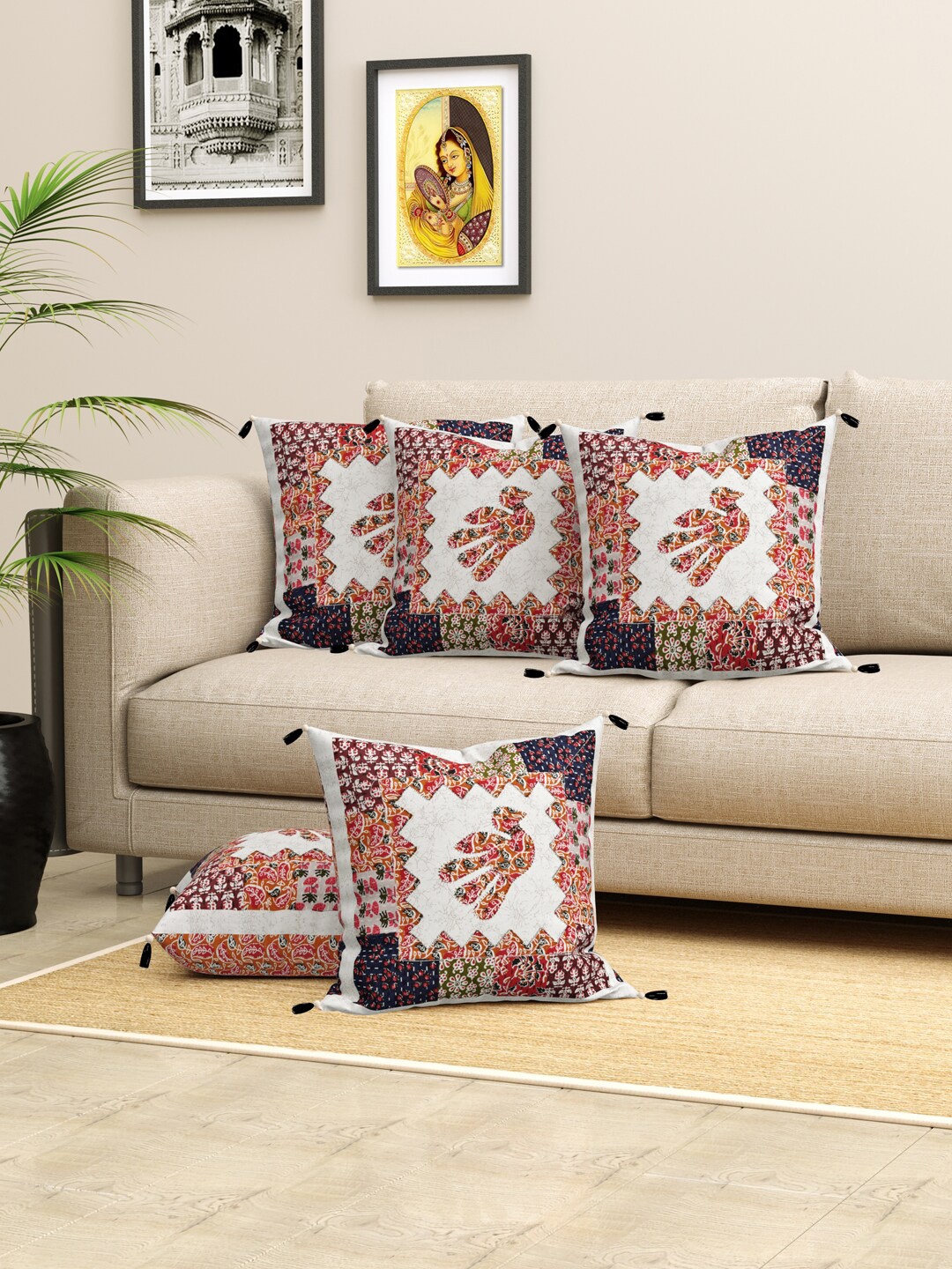 

LIVING ROOTS White & Orange 5 Pcs Ethnic Motifs Printed & Patch Work Cotton Cushion Covers