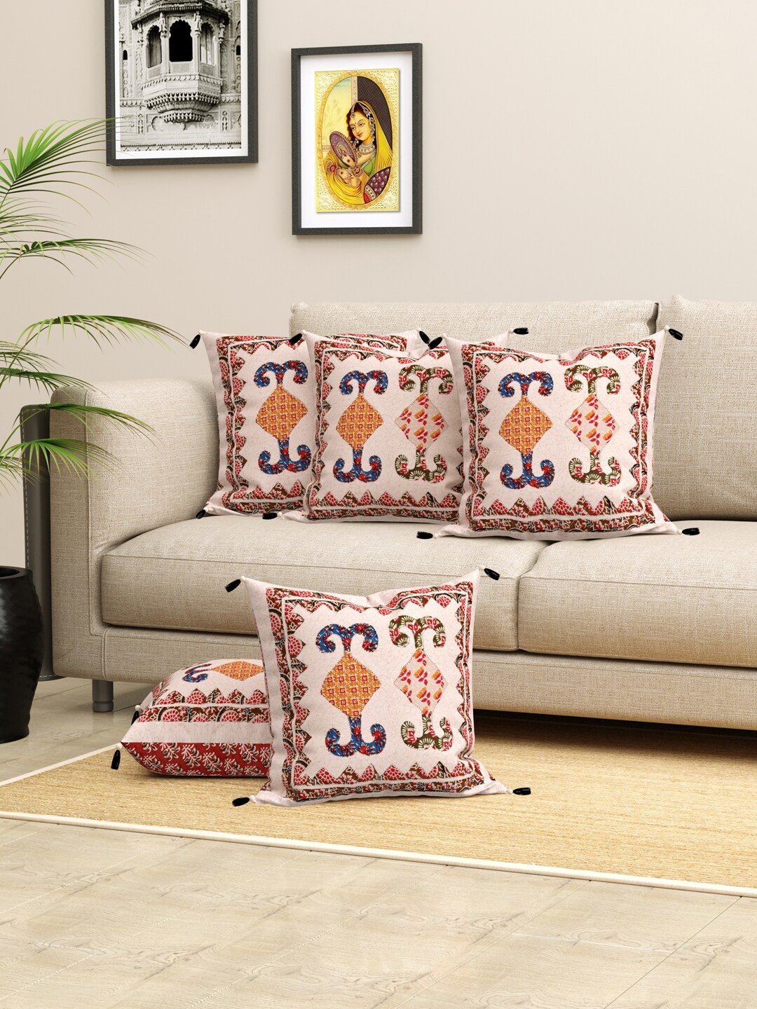 

LIVING ROOTS Jaipuri Beige & Red 5 Pieces Ethnic Motifs Square Pure Cotton Cushion Covers