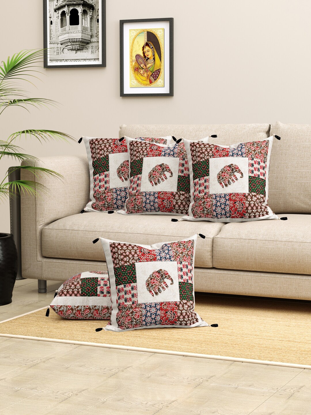 

LIVING ROOTS Jaipuri Beige & Red 5 Pieces Ethnic Motifs Square Pure Cotton Cushion Covers