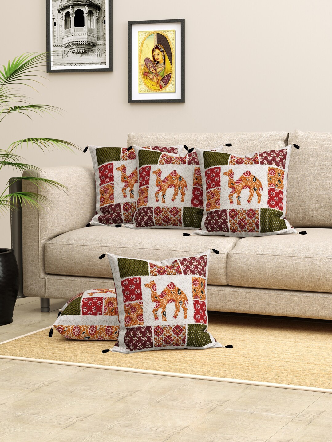 

LIVING ROOTS Jaipuri Beige & Red 5 Pieces Ethnic Motifs Square Pure Cotton Cushion Covers