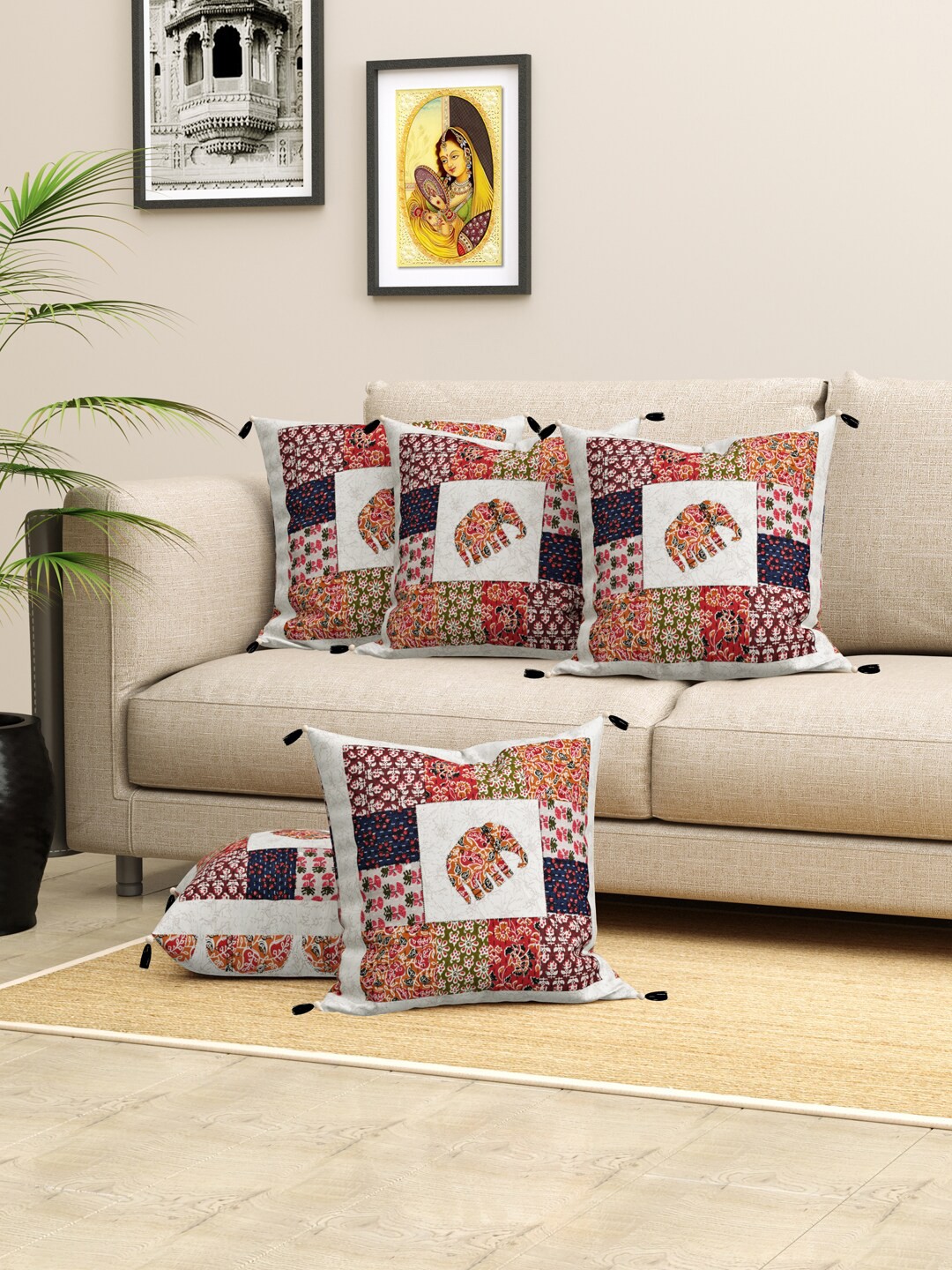 

LIVING ROOTS Orange & Green 5 Pcs Ethnic Motifs Printed & Patch Work Cotton Cushion Covers
