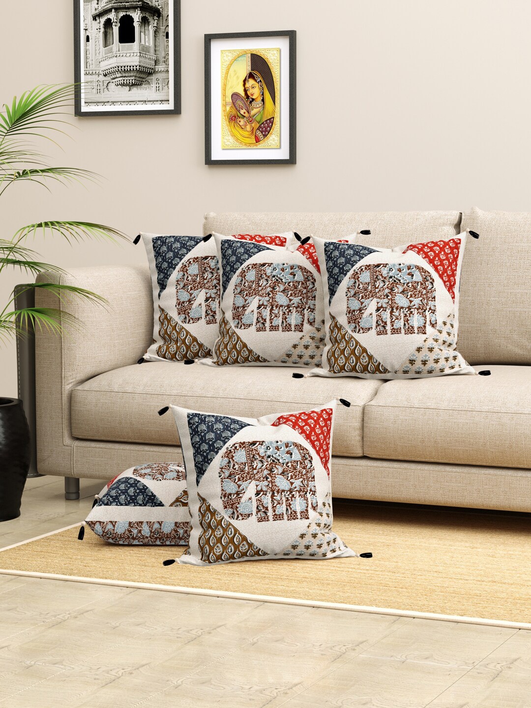 

LIVING ROOTS Jaipuri Beige & Blue 5 Pieces Ethnic Motifs Square Pure Cotton Cushion Covers