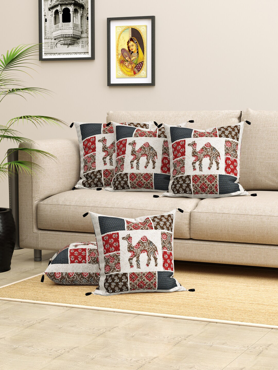 

LIVING ROOTS Jaipuri Beige & Green 5 Pieces Ethnic Motifs Square Cotton Cushion Covers