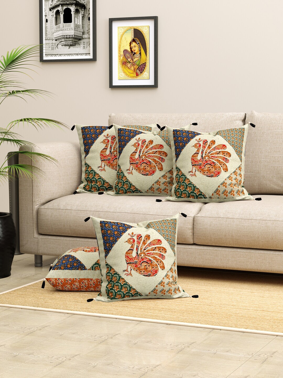 

LIVING ROOTS Jaipuri Beige & Red 5 Pieces Ethnic Motifs Square Pure Cotton Cushion Covers