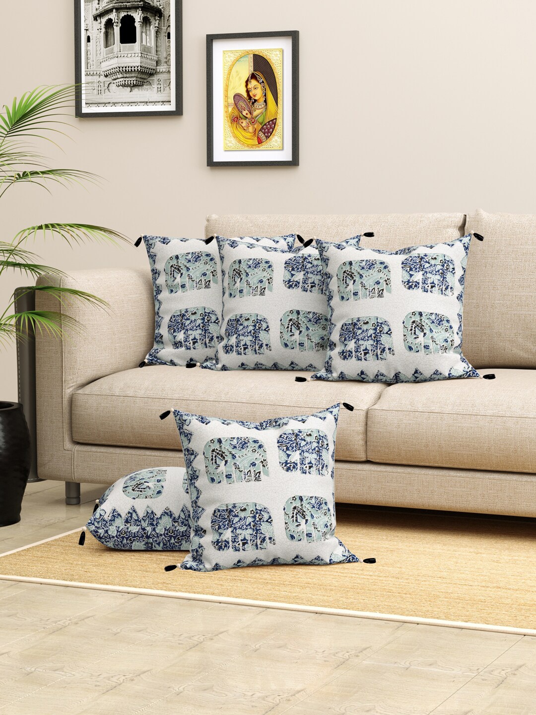 

LIVING ROOTS Jaipuri Beige & Blue 5 Pieces Ethnic Motifs Square Pure Cotton Cushion Covers