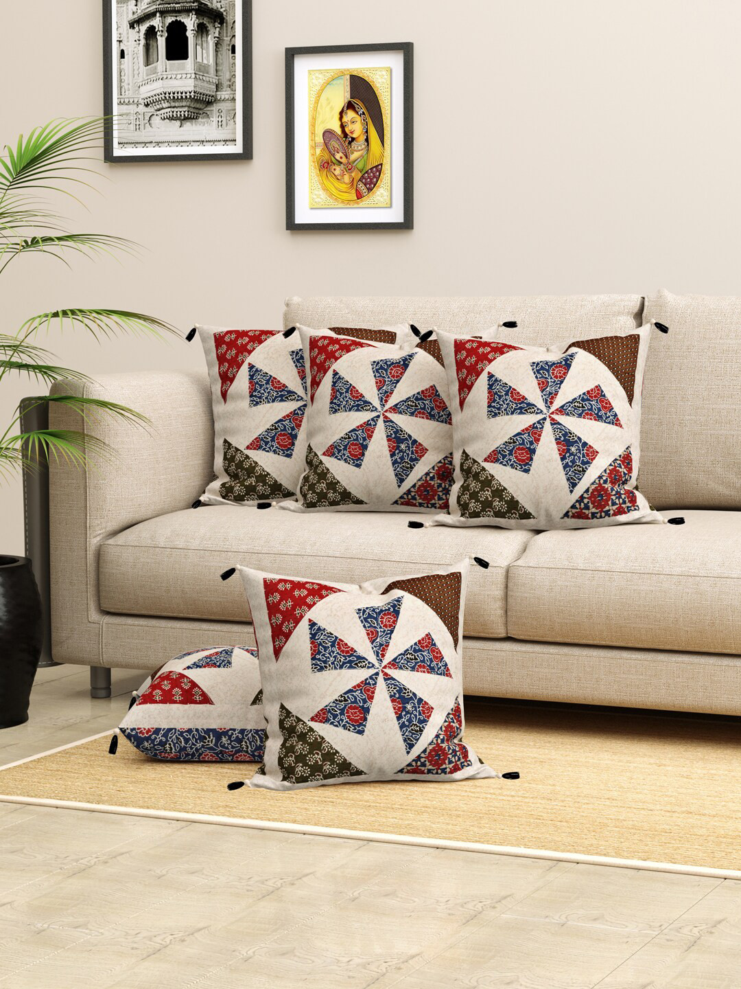 

LIVING ROOTS Jaipuri Beige & Blue 5 Pieces Ethnic Motifs Square Pure Cotton Cushion Covers