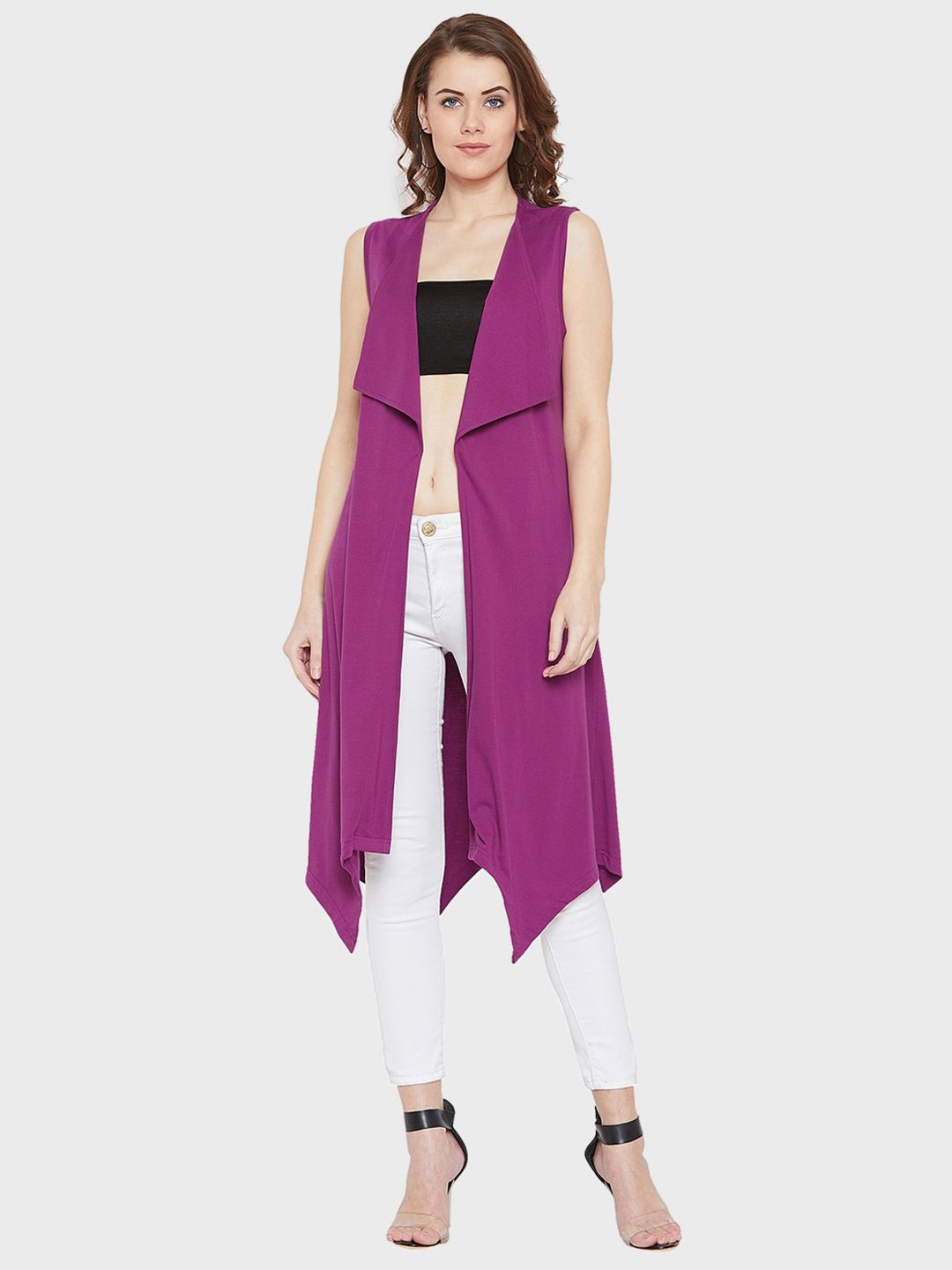 

Hypernation Women Pure Cotton Open Front Longline Shrug, Purple
