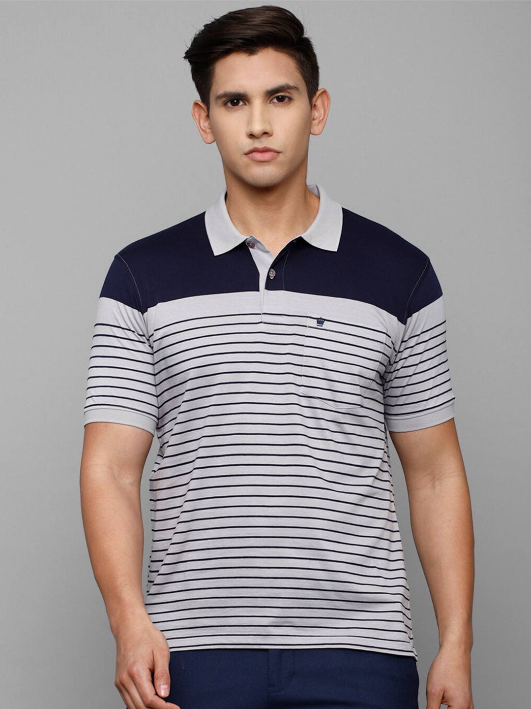 

Louis Philippe Men Striped Polo Collar Pure Cotton T-shirt, Grey