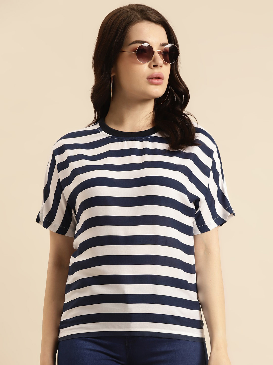 

Prakrti Striped Extended Sleeves Top, Navy blue