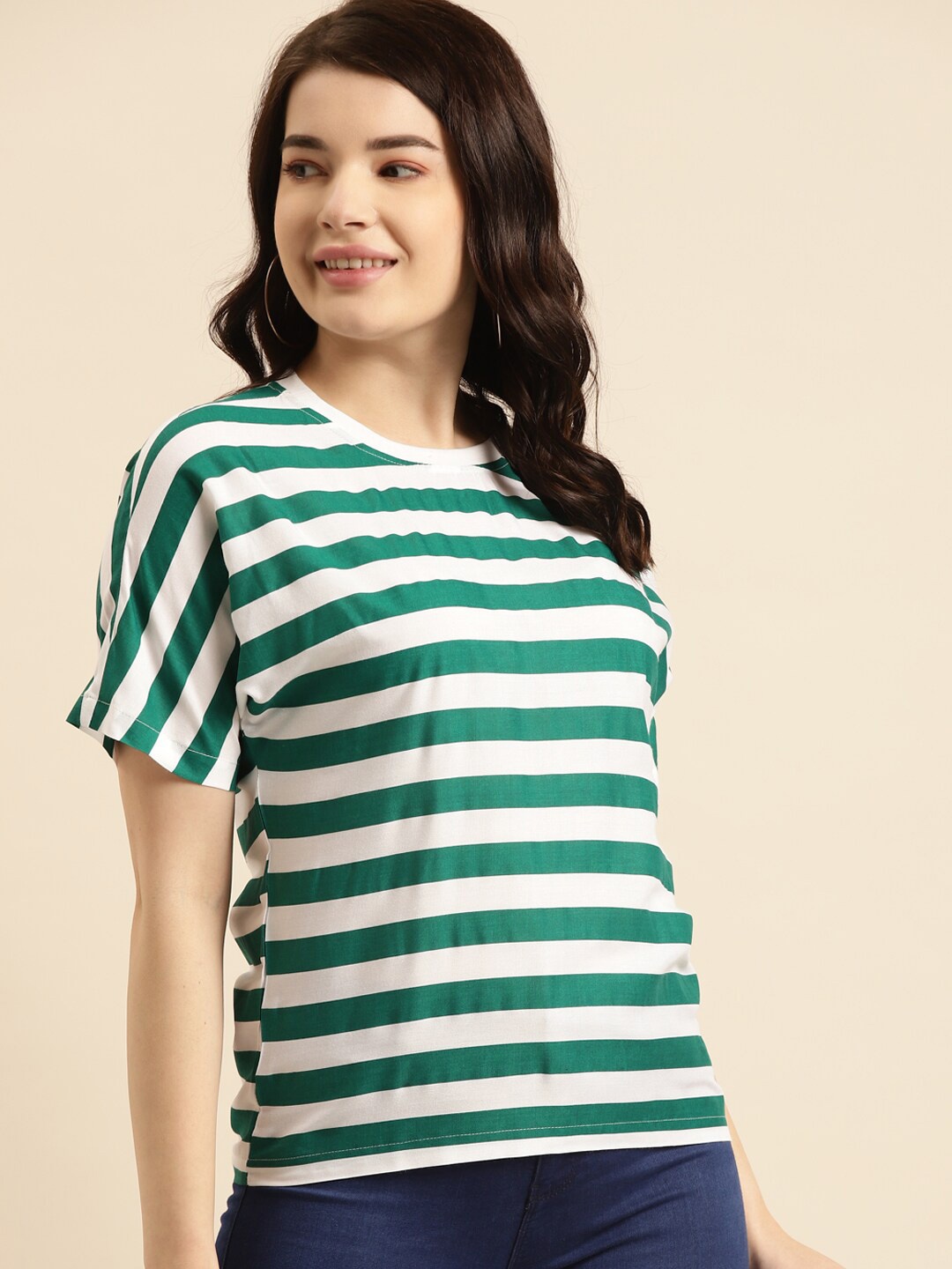 

Prakrti Round Neck Striped Top, Green