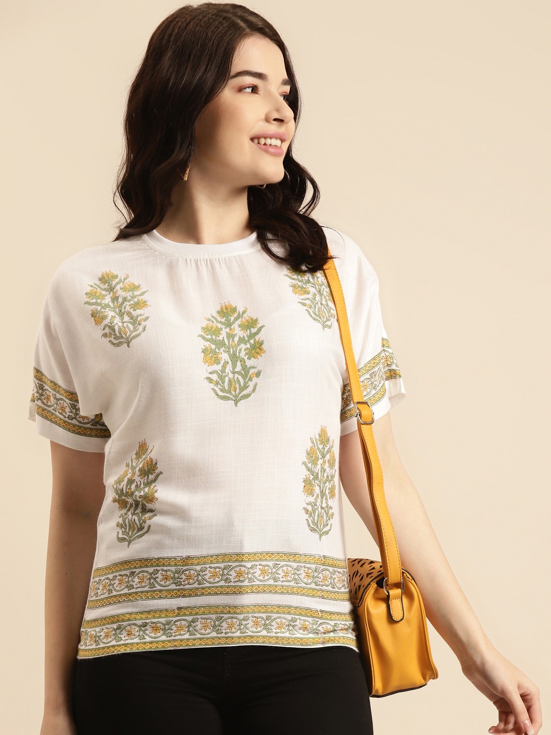 

Prakrti Floral Print Extended Sleeves Top, White