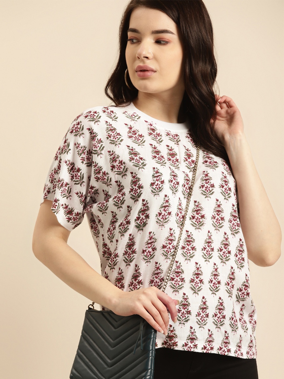 

Prakrti Round Neck Floral Print Top, White