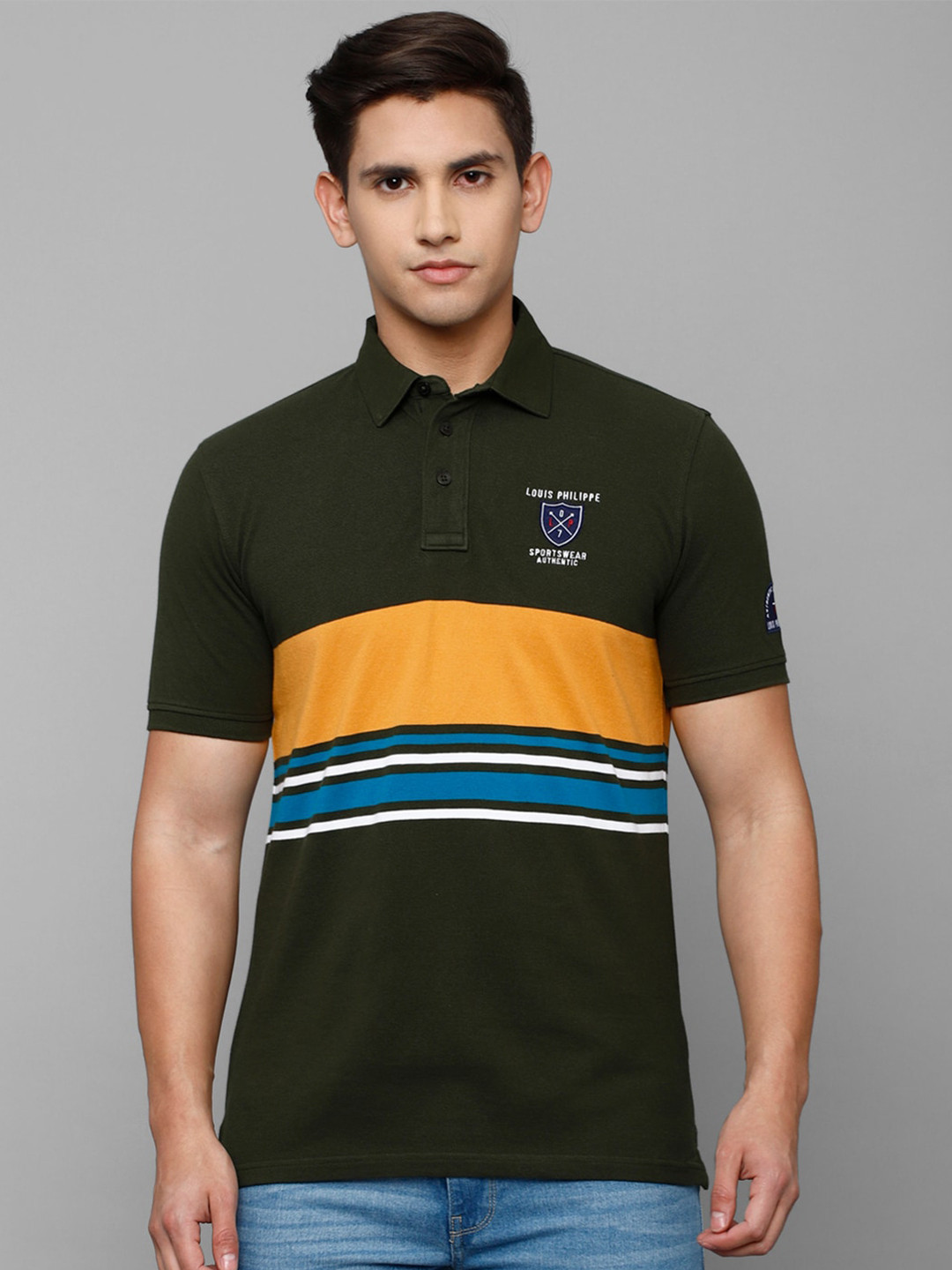 

Louis Philippe Sport Men Striped Polo Collar Slim Fit Cotton T-shirt, Green