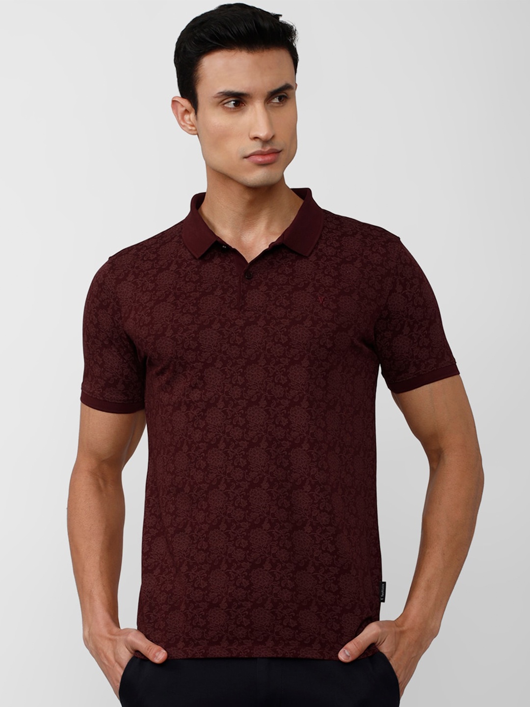

V Dot Men Floral Printed Polo Collar Pure Cotton T-shirt, Maroon
