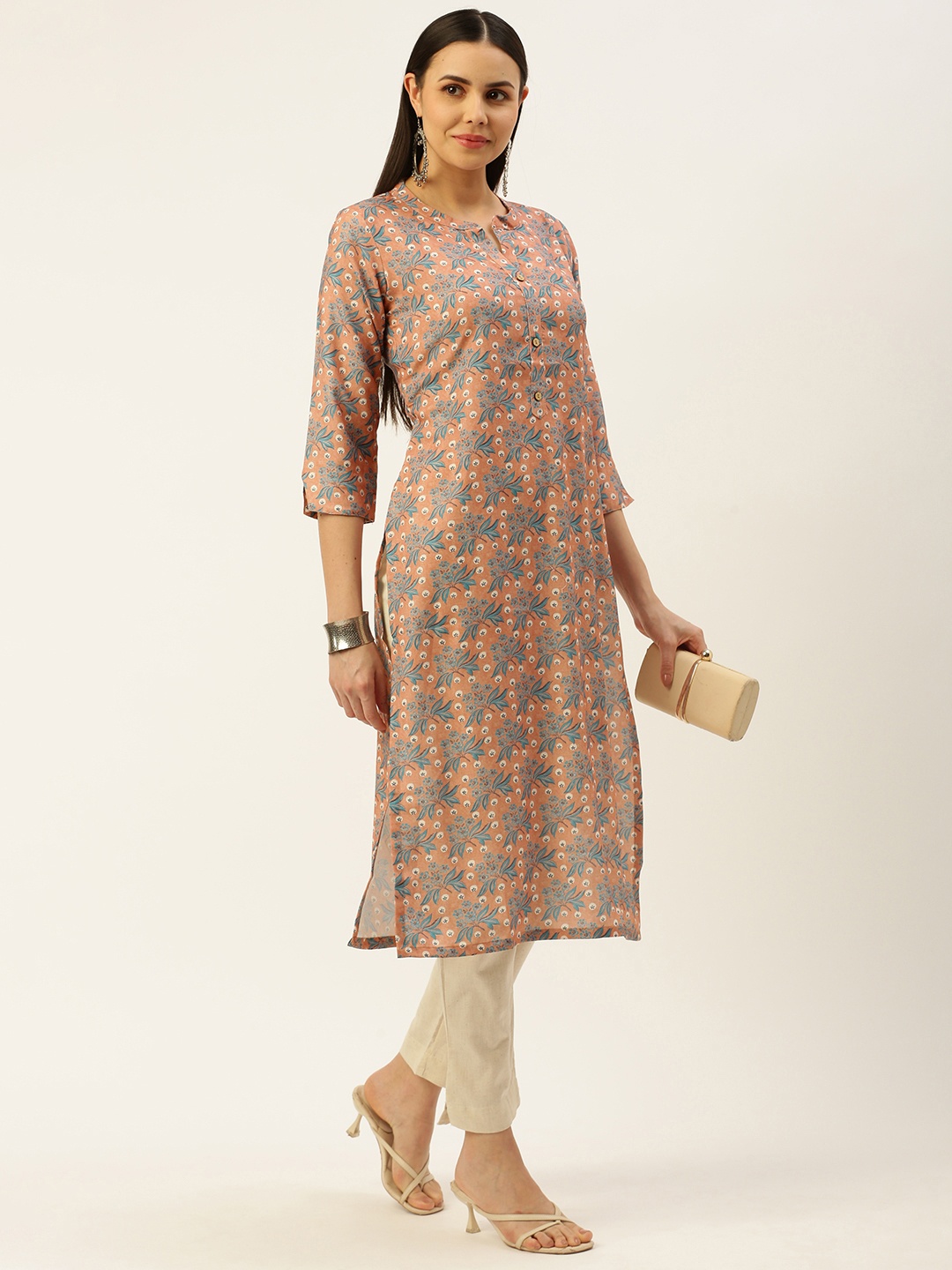 

RACHNA Women Orange & Blue Floral Printed Kurta