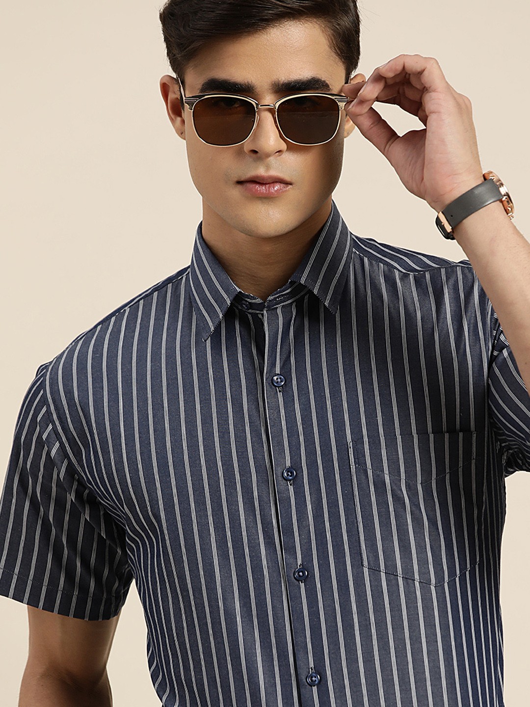 

Hancock Striped Pure Cotton Standard Slim Fit Formal Shirt, Navy blue