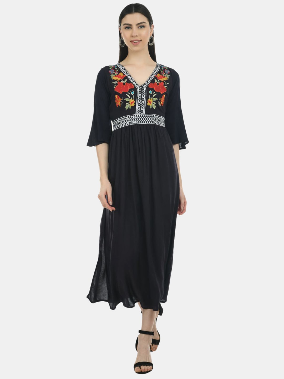 

SAAKAA Floral Embroidered A-Line Midi Dress, Navy blue