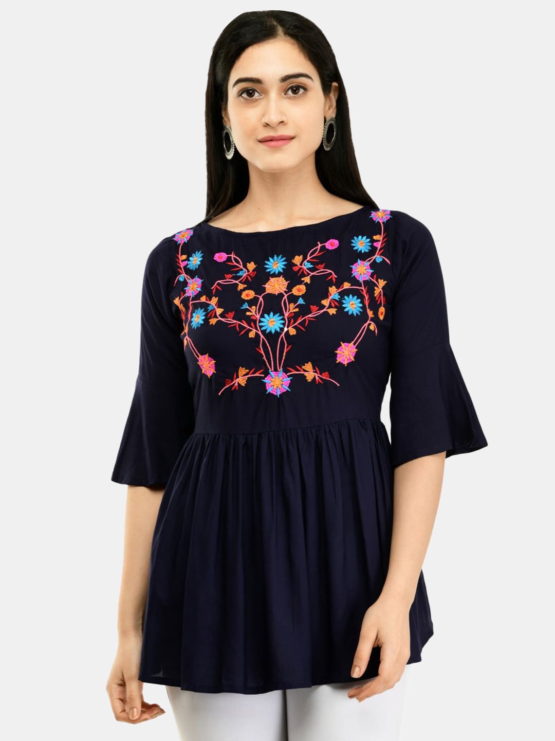 

SAAKAA Floral Embroidery Peplum Top, Navy blue