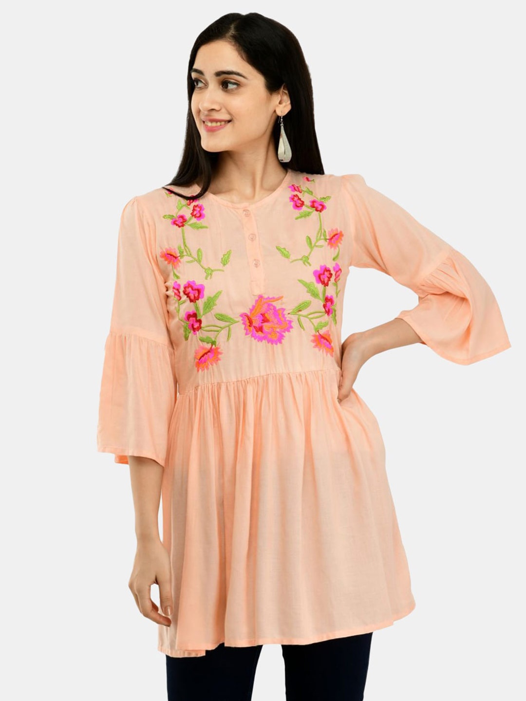 

SAAKAA Floral Embroidered Longline Top, Peach