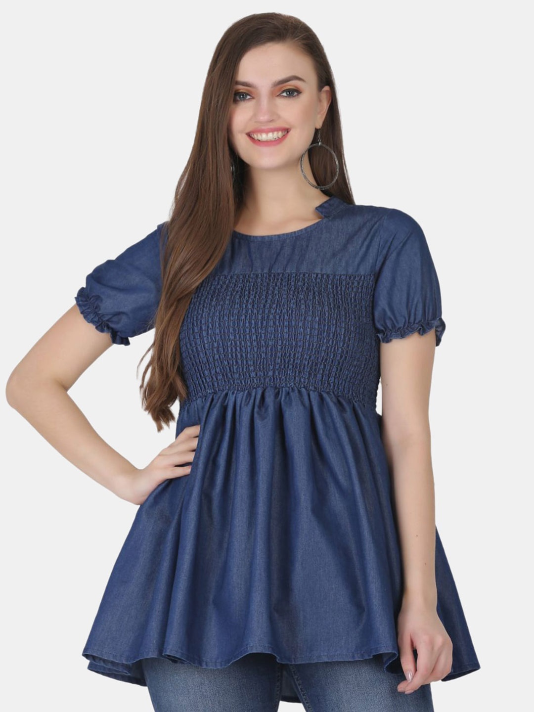 

SAAKAA Smocked Detail Round Neck Puff Sleeves Empire Top, Blue