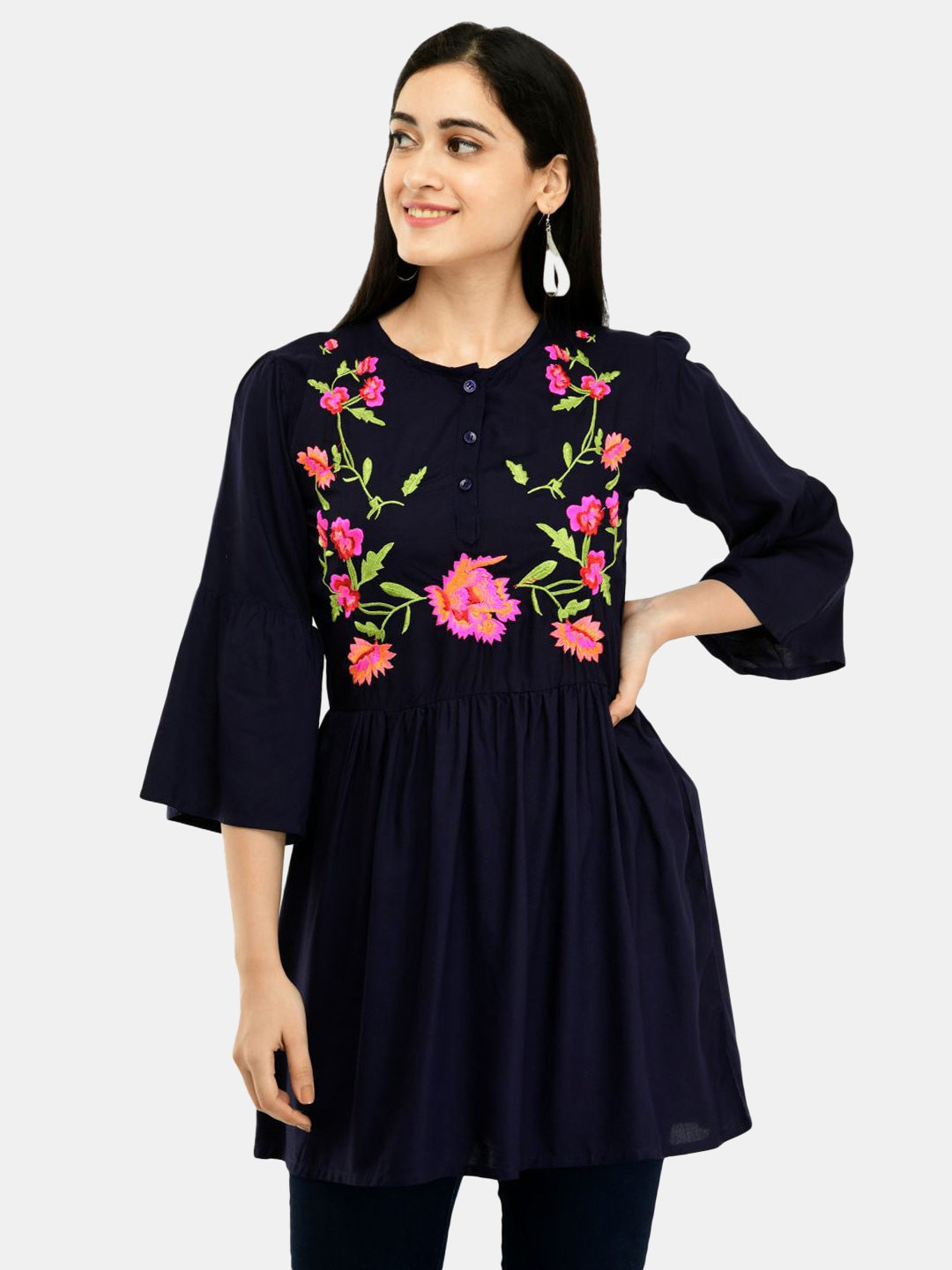 

SAAKAA Floral Embroidered Longline Top, Navy blue
