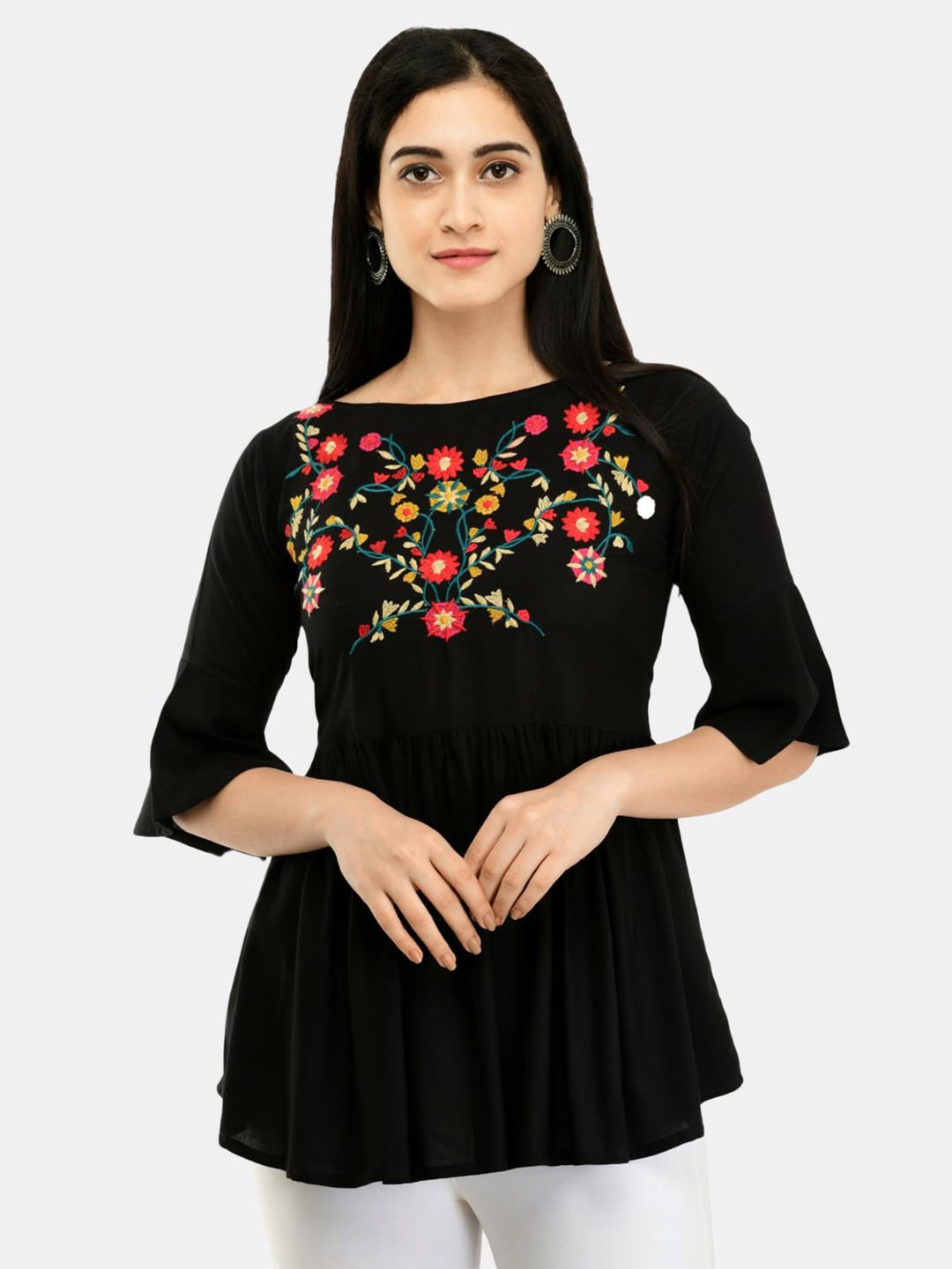 

SAAKAA Floral Embroidered Longline Top, Black