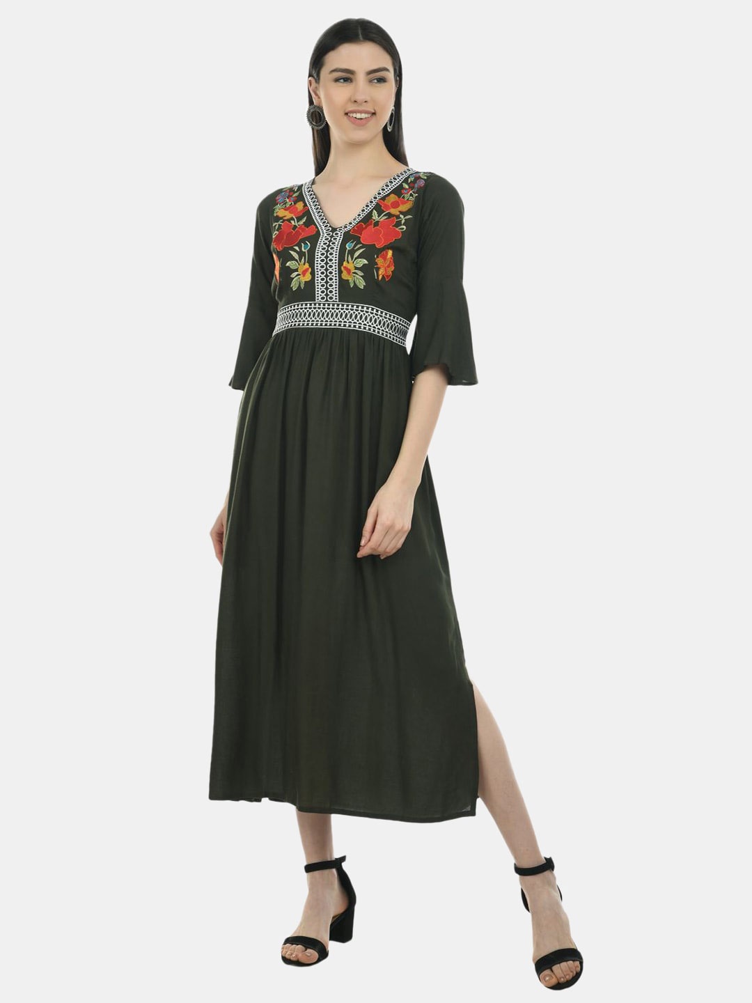 

SAAKAA Floral Embroidered A-Line Midi Dress, Olive
